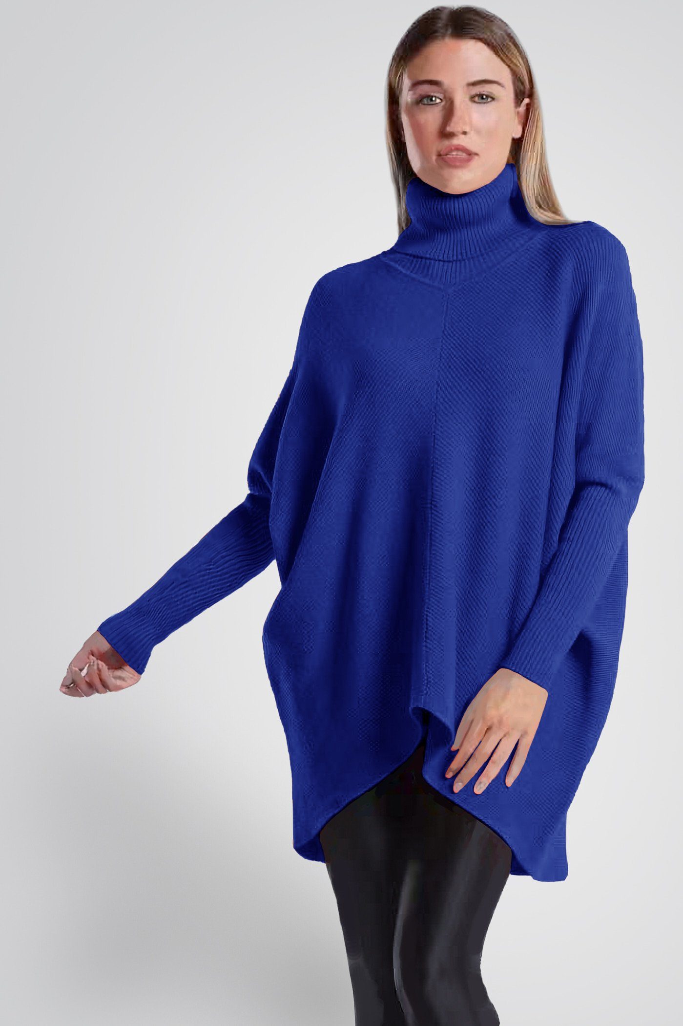 PEKIVESSA Longpullover Oversized langer Rollkragenpullover Damen Fledermausärmel (1-tlg) hinten länger royalblau