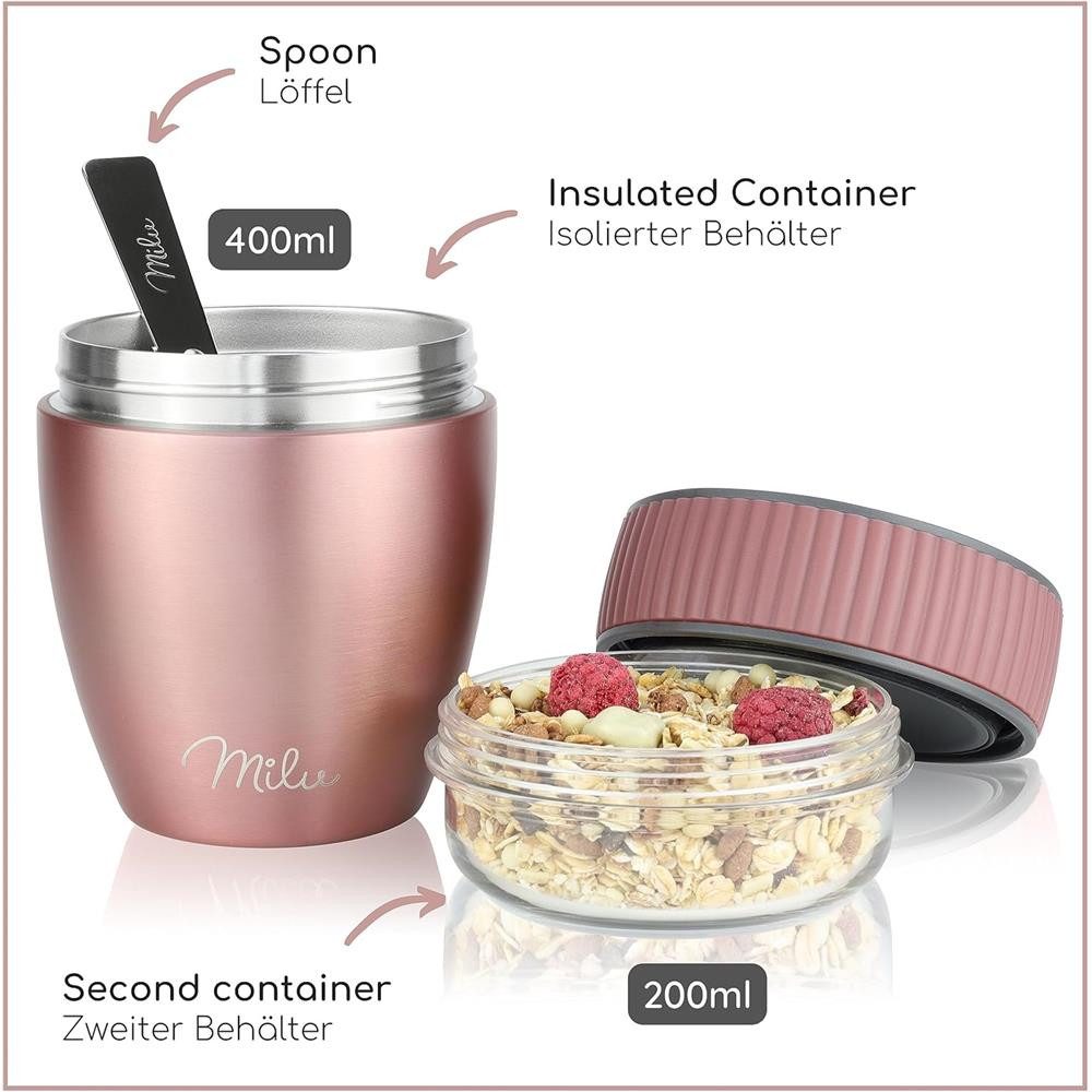 Milu Müslibox Müslibecher to go, 400ml, isolierter Edelstahl Joghurtbecher für Müsli, rosegold