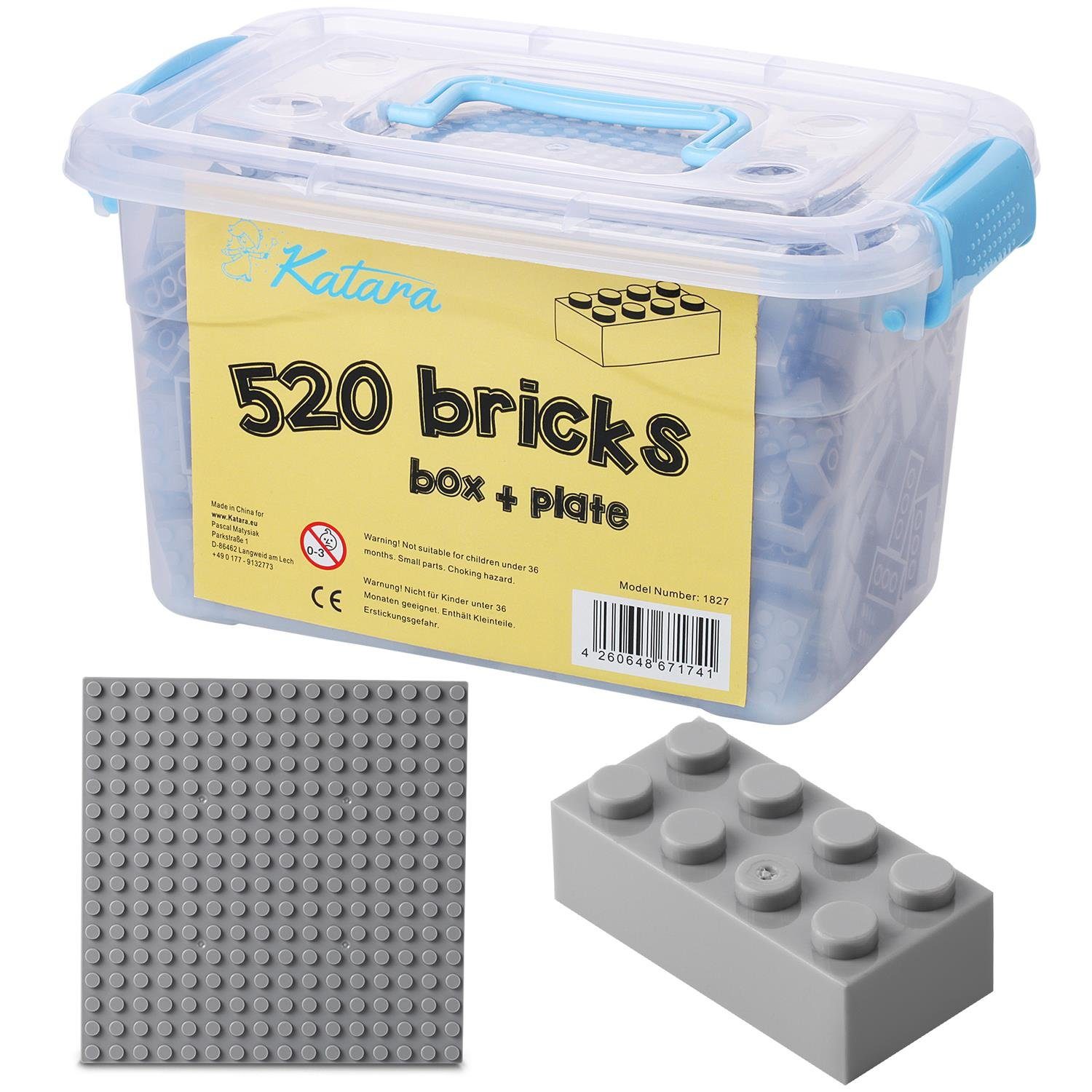 Katara Konstruktionsspielsteine Bausteine Box-Set mit 520 Steinen + Platte + Box, (3er Set), Kompatibel zu allen Anderen Herstellern - verschiedene Farben hell-grau