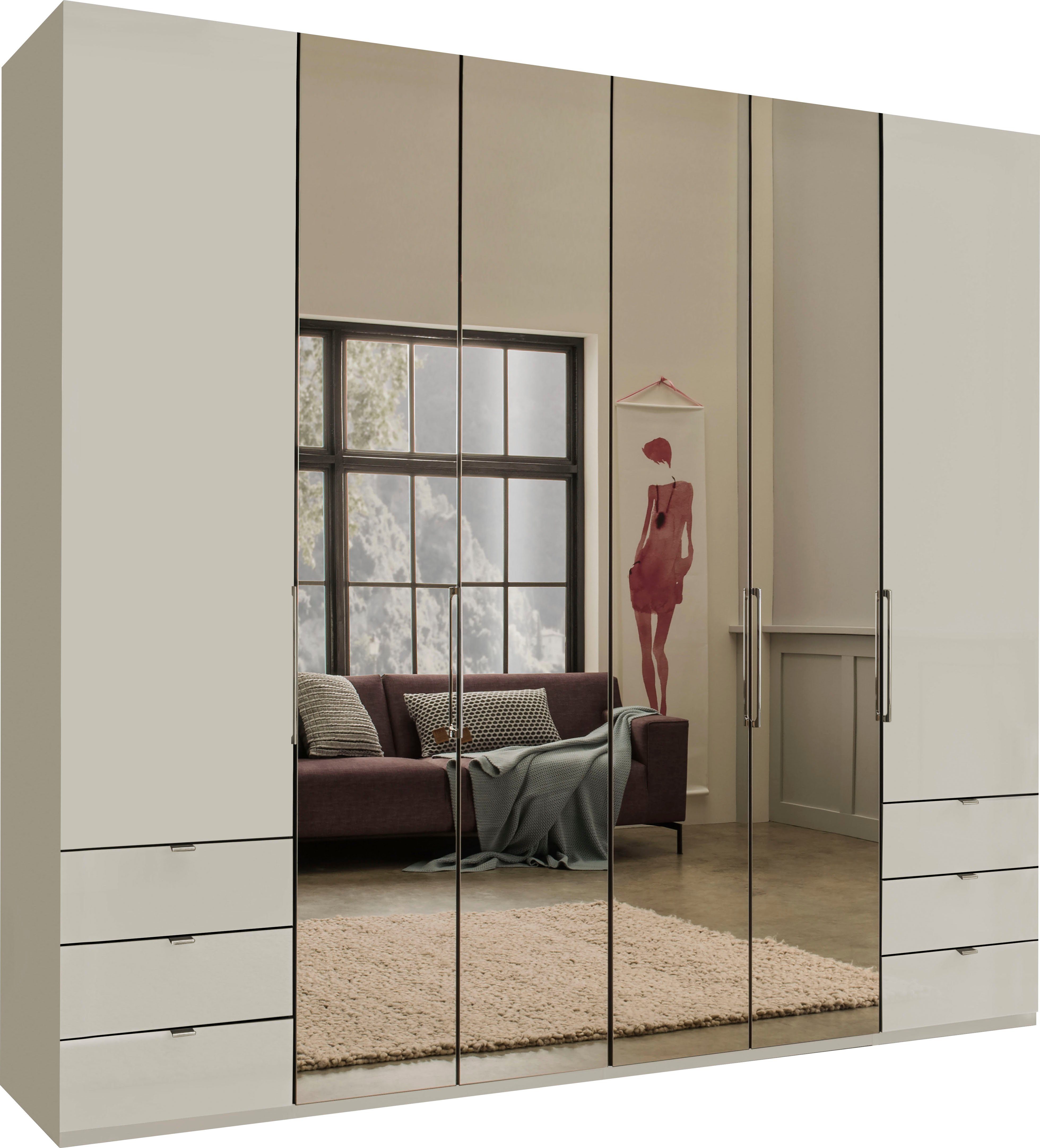 WIEMANN Falttürenschrank Kansas, Kleiderschrank, Schrank, Wäscheschrank, mit Glas und Spiegel (2 Breiten, MADE IN GERMANY) inkl. gepämpften Schubkästen und Türen, mit Panoramaöffnung