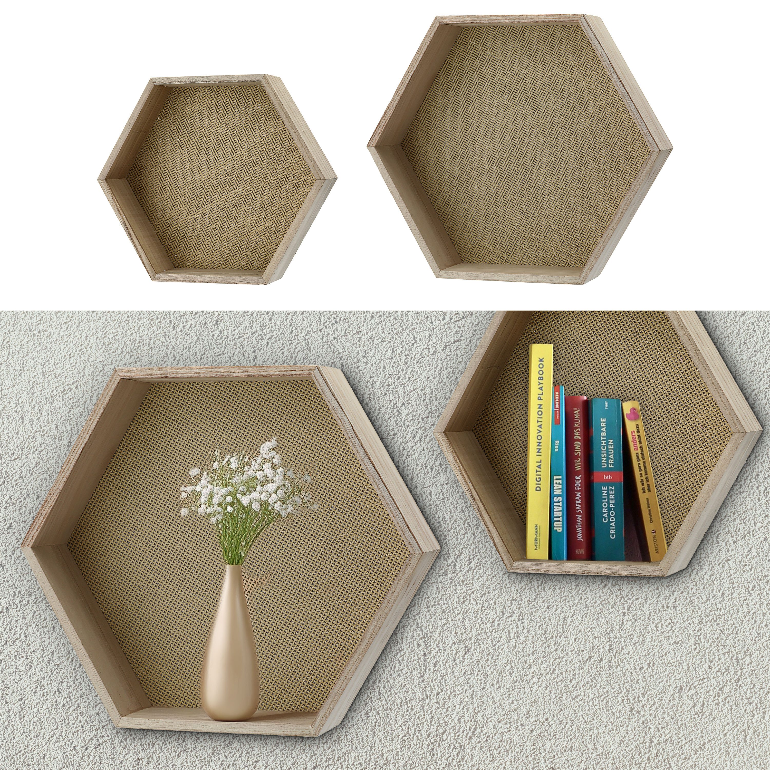 CEPEWA Wandregal Wandregal Hexagon sechseckig 2er Set 2 Größen MDF Paulownia Wabenform