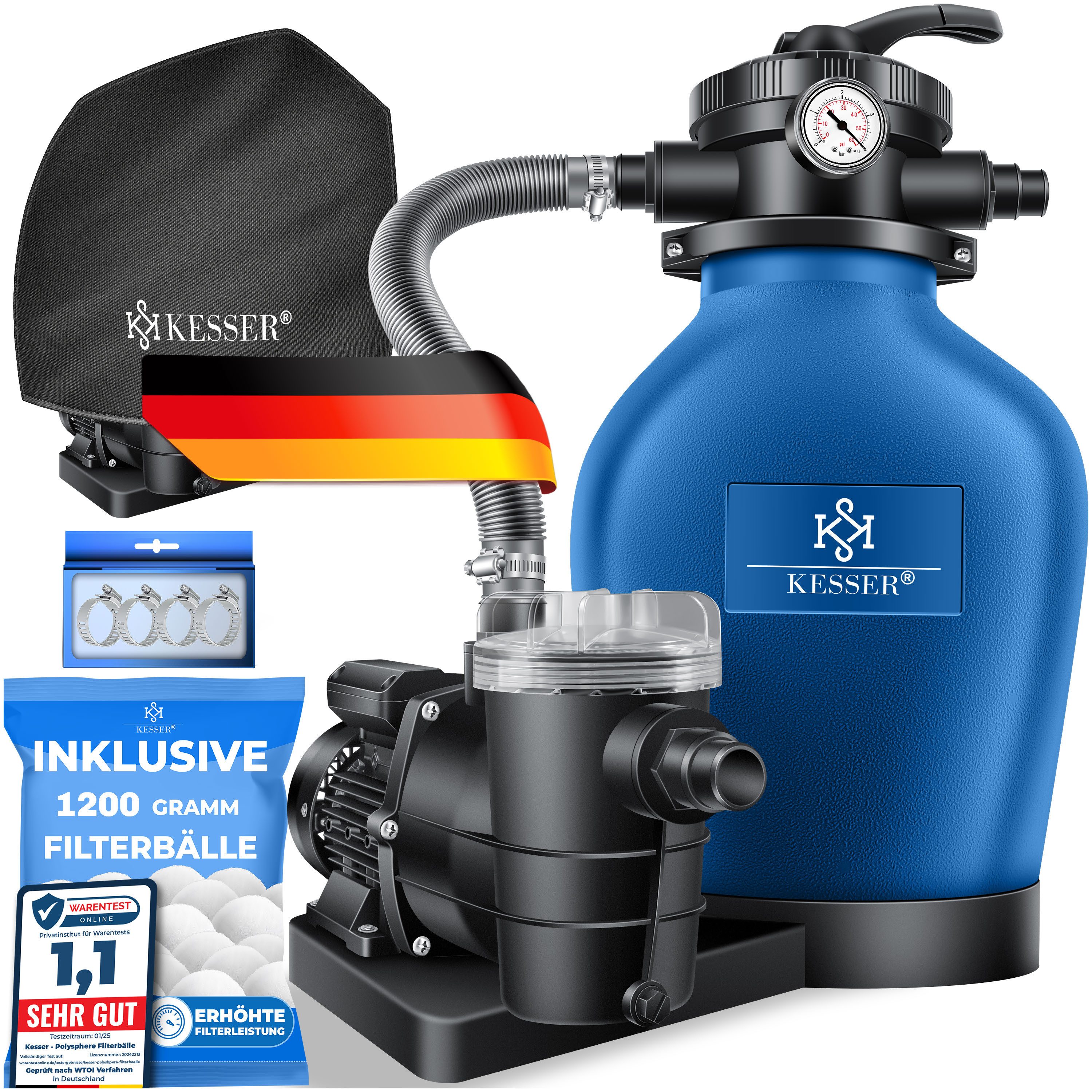 KESSER Sandfilteranlage 600W Sandfilter für Pools 13200L/h Durchfluss Poolfilter 7-Wege Ventil (Filteranlage mit Pumpe, 1200g Filterbälle Druckmanometer, Abdeckung), Tankvolumen für bis 30kg Sand Professionelle Poolwasserfilterung