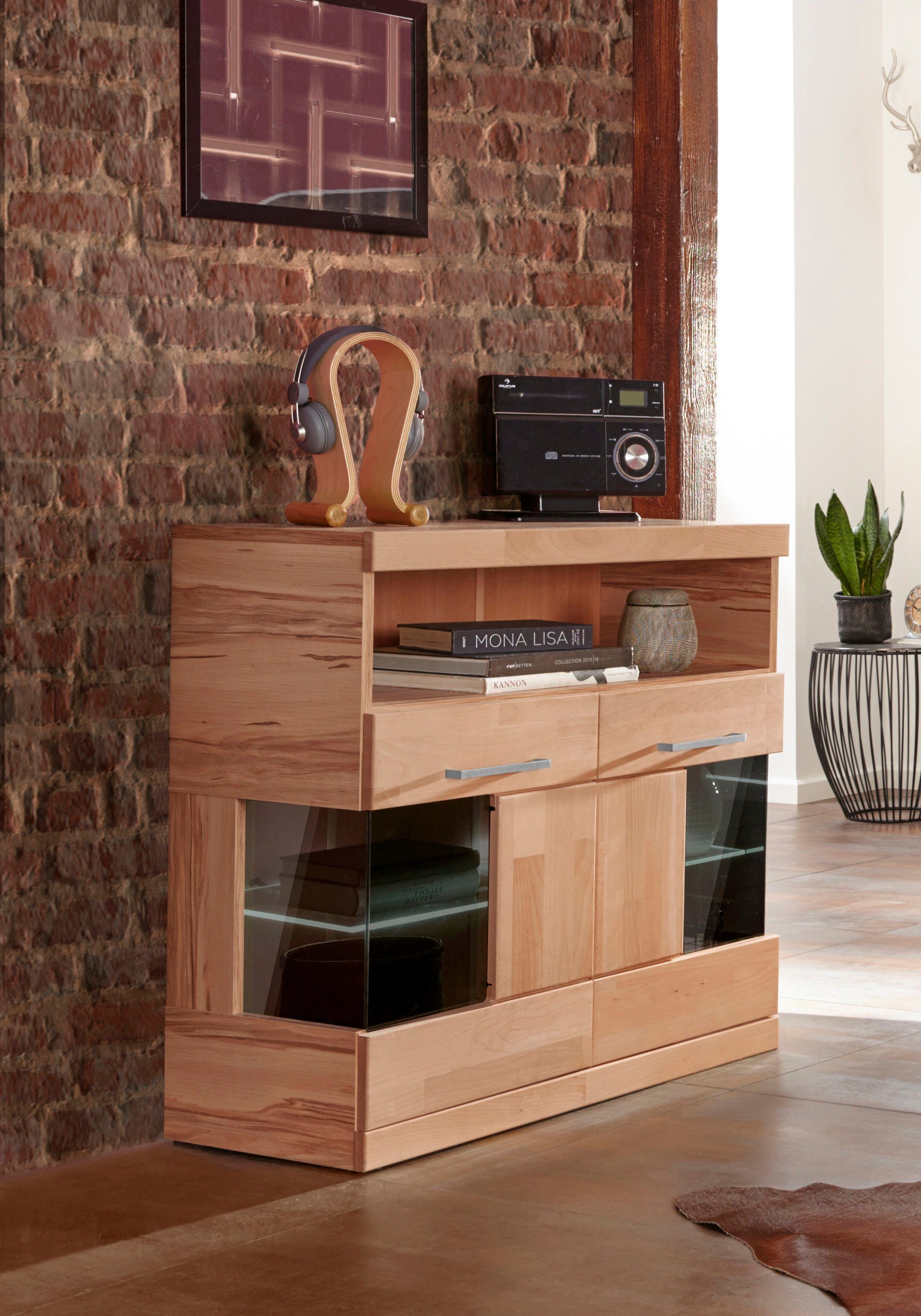 OTTO home Kommode Ribe 85cm breit,35 cm tief, Fronten Massivholz,2 Türen mit Glaseinsatz, Holz massiv, Holzwerkstoff,3 breite Fächer