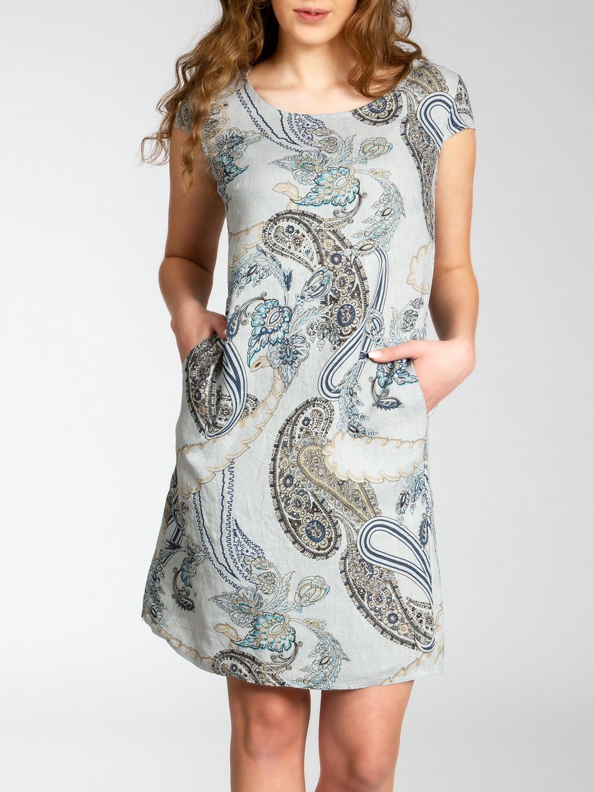 Caspar Sommerkleid SKL022 Damen Sommer Leinenkleid mit Paisley Print bis Größe 50 Luftig leicht, figurumspielende Form, mit seitlichem Jersey-Einsatz