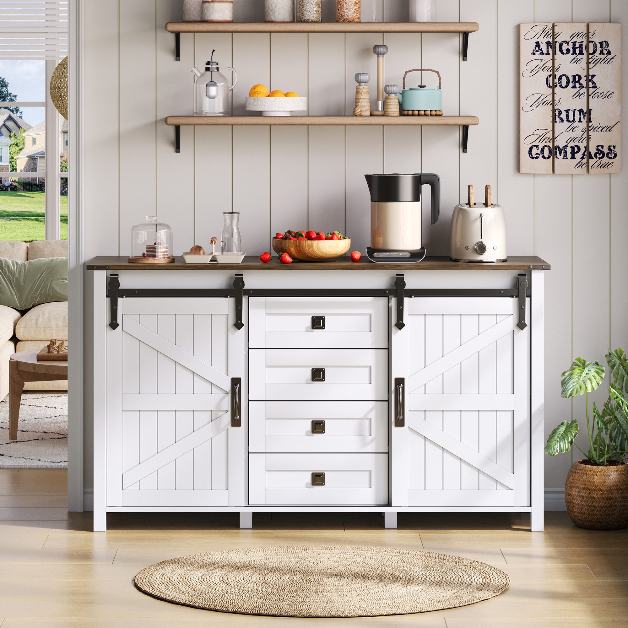 Flieks Kommode mit 4 Schubladen und Schiebetüren Weiß (B137/T40/H81,5 cm, 1 St., Schrank für Wohnzimmer, Esszimmer und Schlafzimmer), Schiebetüren Mehrzweckschrank Küchenschrank Holzschrank weiß