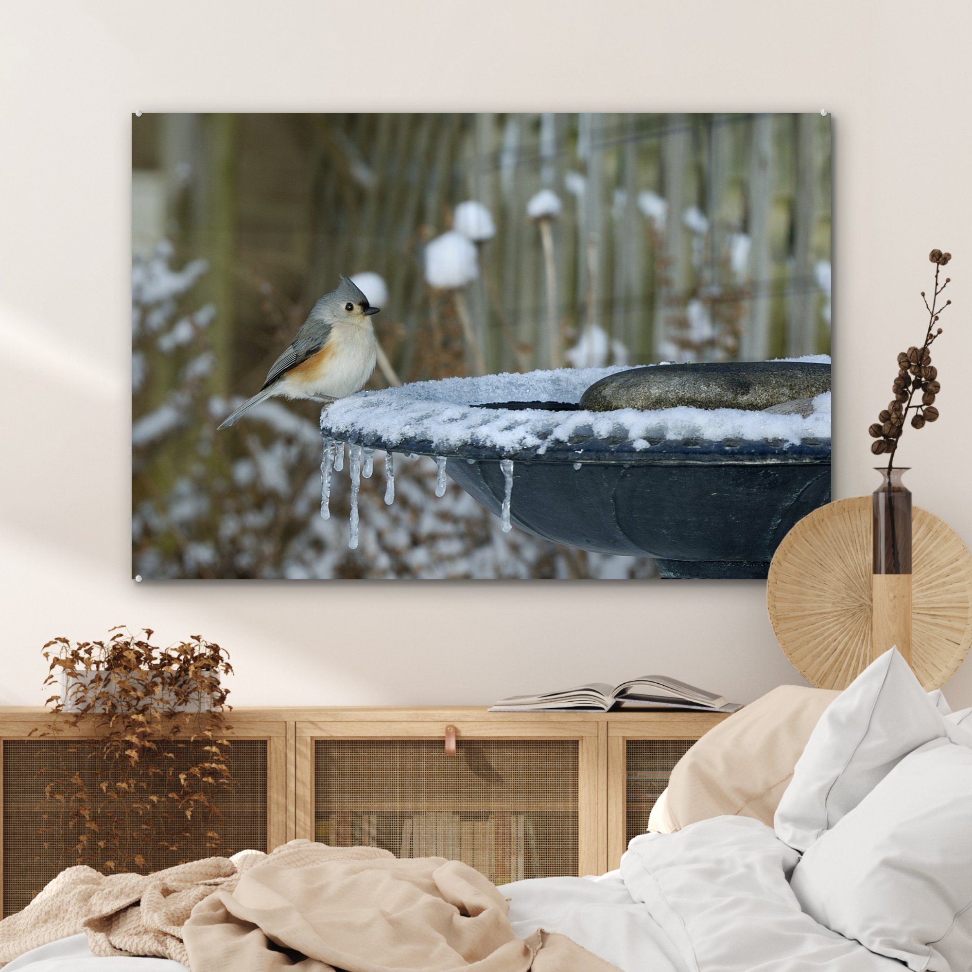 - Wohnzimmer Acrylglasbilder Winter & (1 Acrylglasbild - Meise, St), Schlafzimmer Vogeltränke MuchoWow