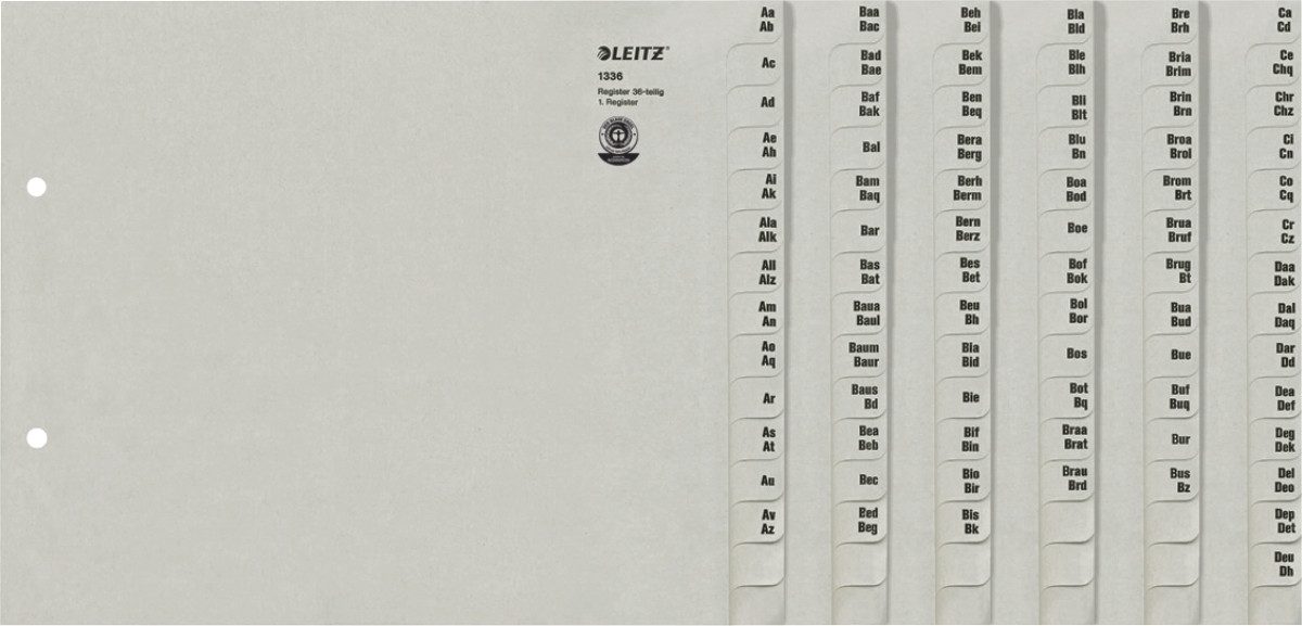 LEITZ Aktenordner Registerserie A4 1/2 Höhe Tauenpapier A-Z 36 Abläufe grau