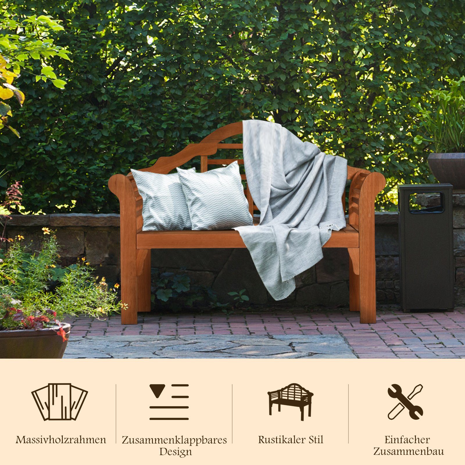 COSTWAY Gartenbank, 2 Sitzer bis 360kg belastbar, klappbar, Eukalyptusholz