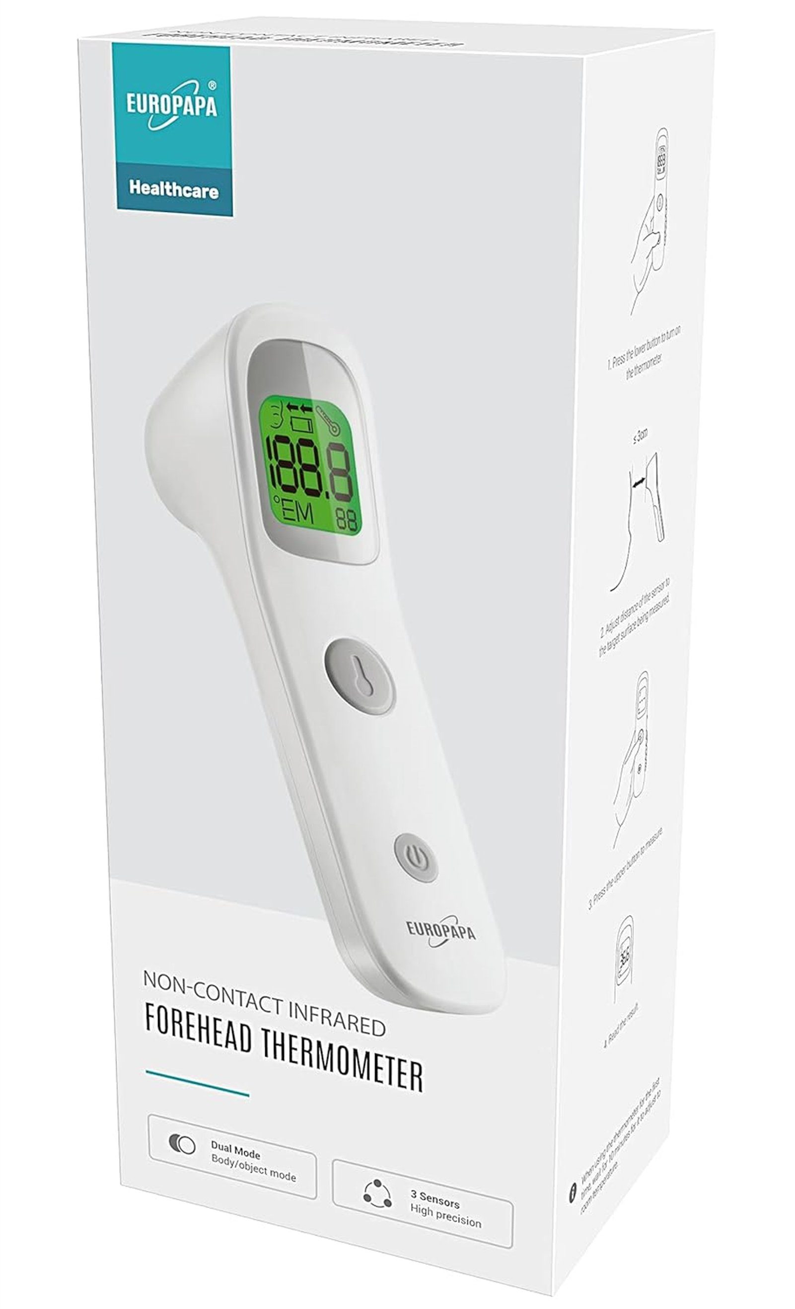 EUROPAPA Fieberthermometer Fieberthermometer für Baby Kinder Erwachsene, 1 x Fieberthermometer & 2 x AAA-Batterien im Lieferumfang enthalten, Stirnthermometer, Fieberalarm, °C/°F Schalter, 30-facher Messwertspeicher