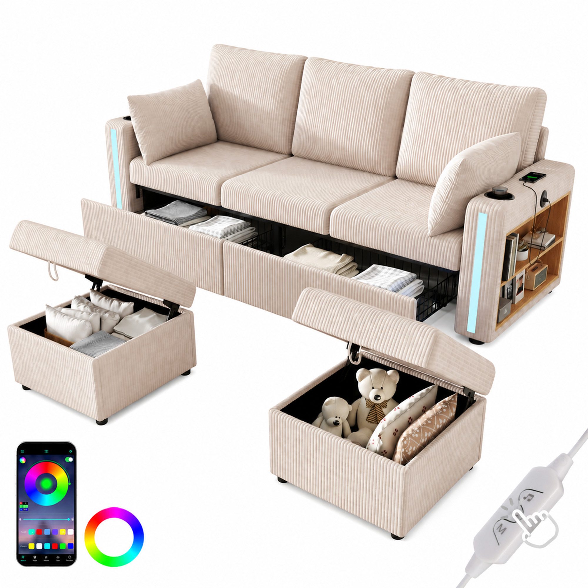 Merax Sofa 5-Sitzer-Sofa mit LED-Beleuchtung, USB/Type-C-Ladeanschlüssen, U-/L-Form Sofa, 190x130x85cm 1 Teile, Modulares Sofa mit 2 Stauraumhockern, Getränkehalter & Schubladen