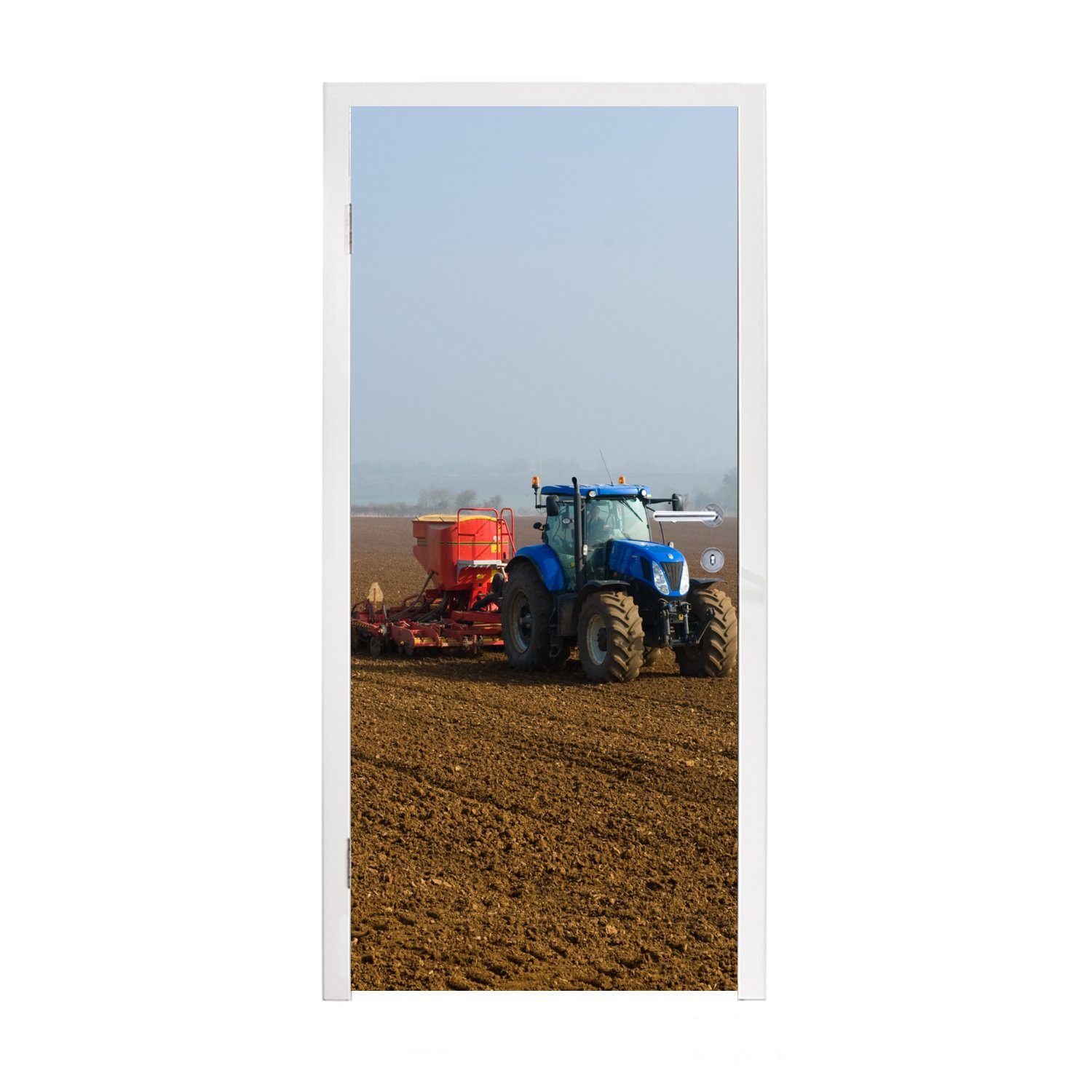St), 75x205 Türaufkleber, für - - Nebel, Türtapete Traktor cm Matt, Fototapete Tür, bedruckt, Blau MuchoWow (1