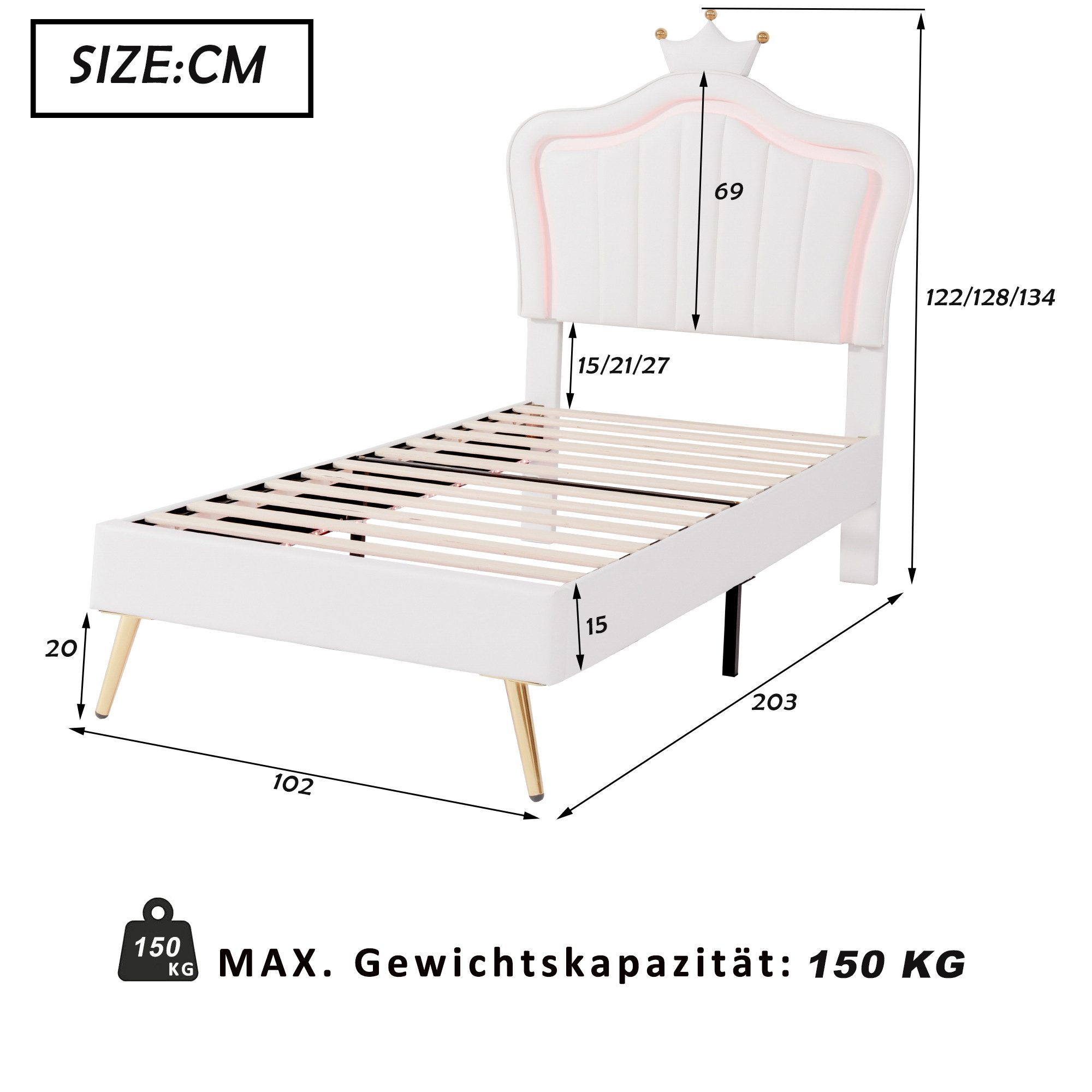 Merax Kinderbett, Polsterbett 90x200cm mit Kroneform Kopfteil und LED