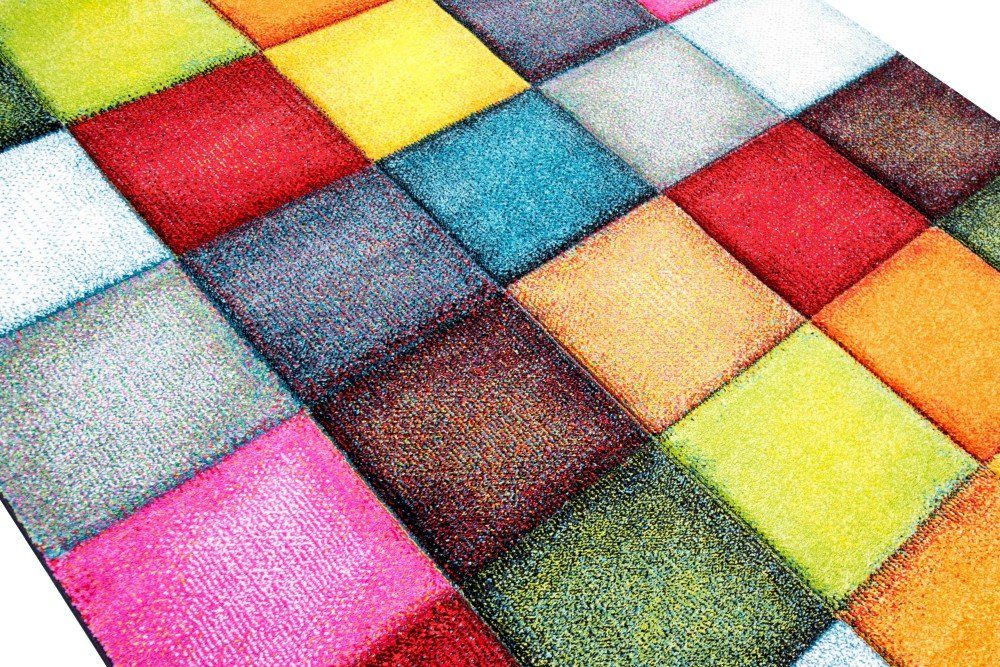 Carpetia Teppich Teppich modern Teppich Wohnzimmer Karo bunt gelb rot blau grün, rechteckig, Höhe: 13 mm