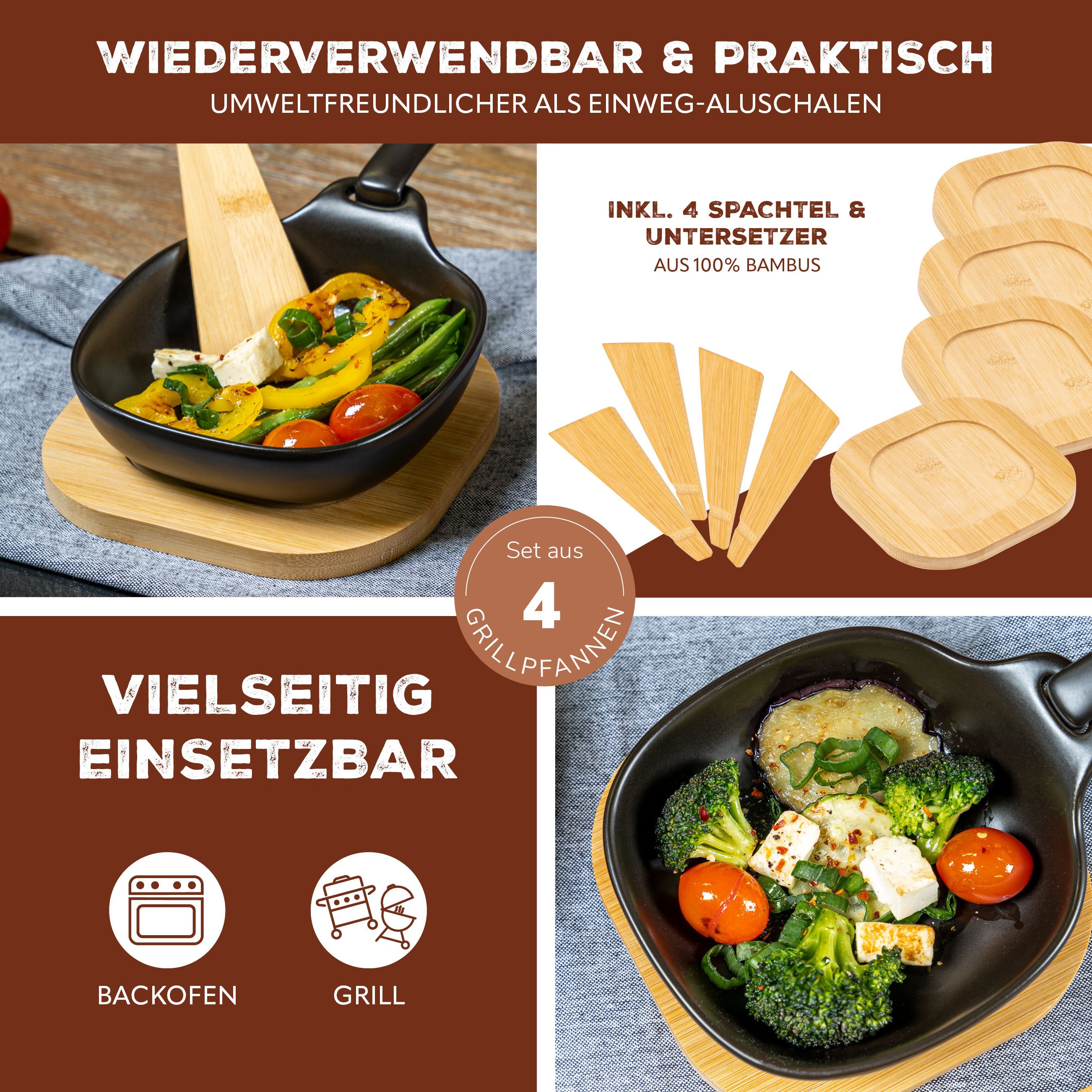 bremermann Grillpfanne Grillpfännchen 4er inkl. Bambus-Untersetzern und Bambus-Schabern, Steingut (4-tlg)