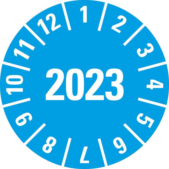 König Werbeanlagen Hinweisschild Jahresprüfplakette 2023 hellblau Folie ablösbar Ø 10mm 128/Bogen
