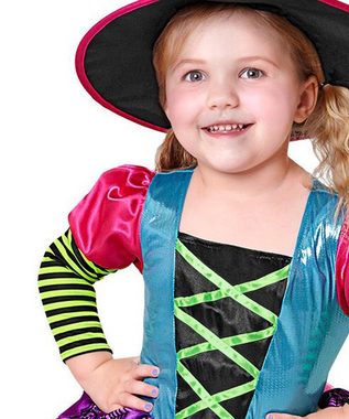 Karneval-Klamotten Hexen-Kostüm buntes Hexenkleid + Hexenhut Hexenkessel Kinder, Kinderkostüm Mädchenkostüm Halloween Kleid, Hut und Hexenkessel