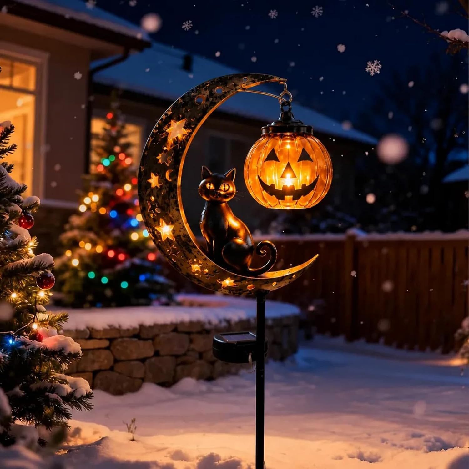 Bomiclss Gartenleuchte Solar Halloween-Schwarze Katze & Kürbis-Mond Gartensteckleuchte – Bild 3 von 5