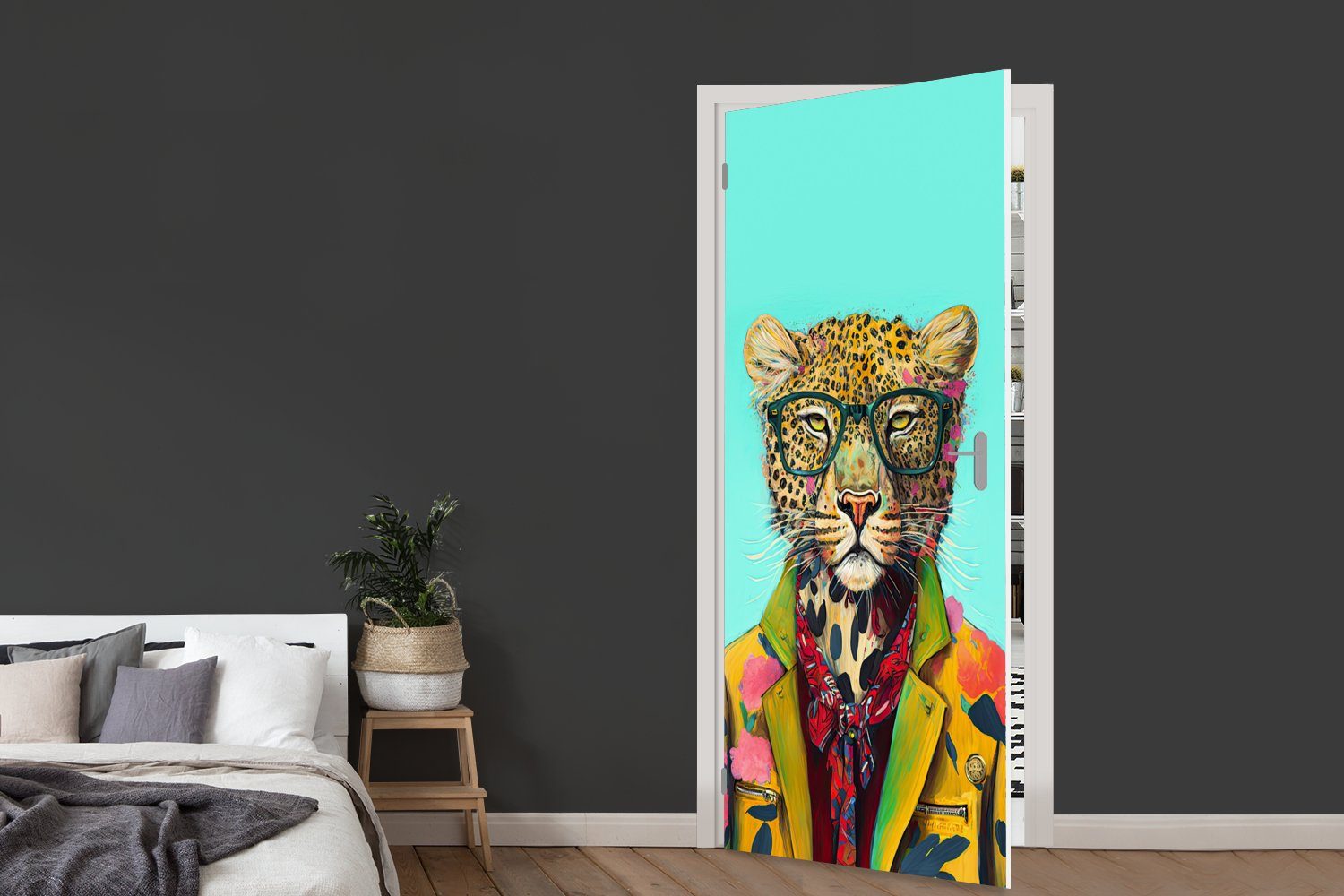 - Tür, für Matt, Tier Design, (1 Fototapete - St), cm Türaufkleber, 75x205 MuchoWow bedruckt, Leopard Schleife - Brille Türtapete -