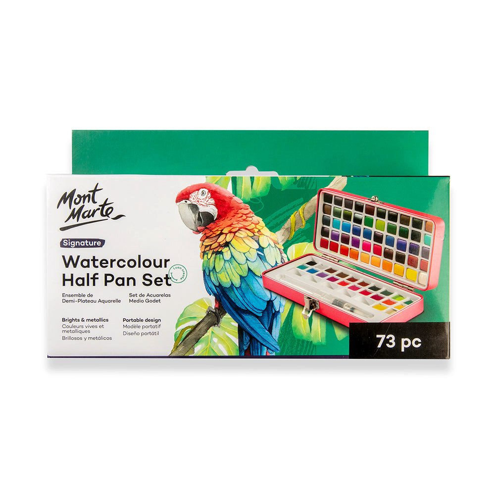 Mont Marte Aquarellfarbe Set 72 Farben – 50 + 22 Metallic, tragbares Set mit Wassertankpinsel, Kompakt, vielseitig & ideal für Reisen, Hobby & Kunstprojekte