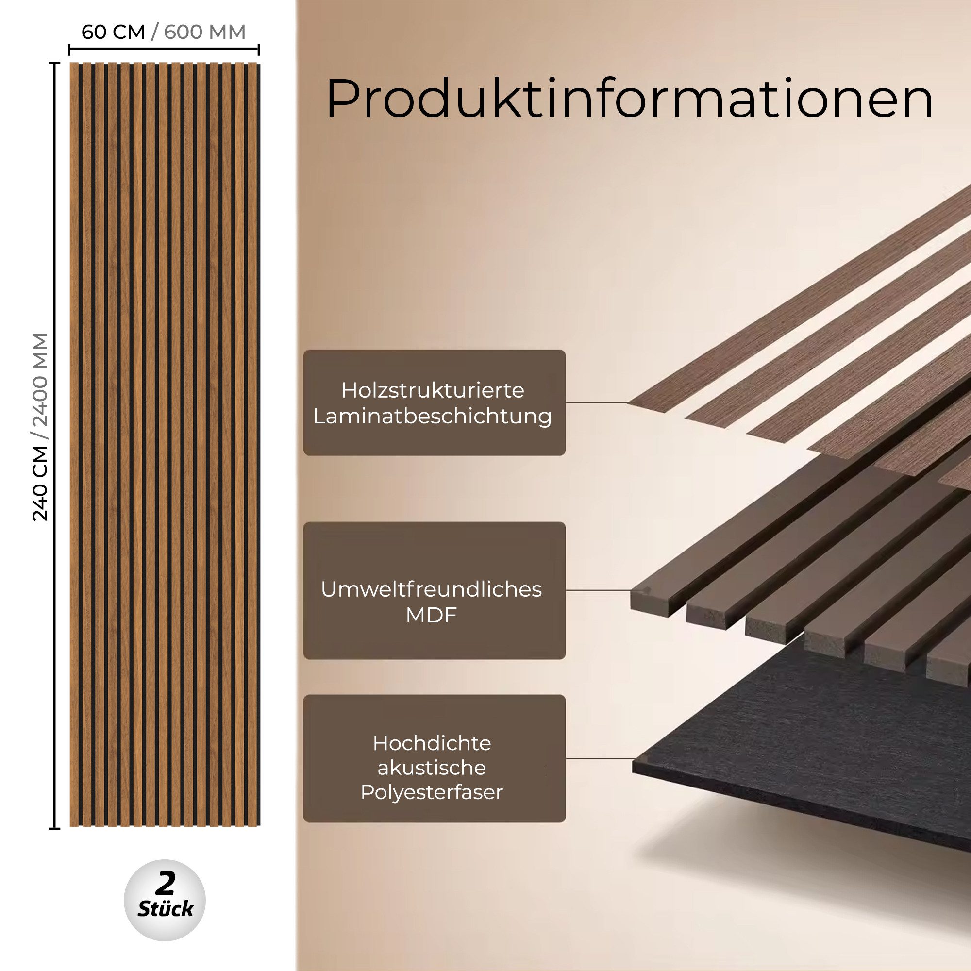 IZODEKOR 3D Wandpaneel IZODEKOR 3D Akustik Wandpaneele Holz 60x240cm Wandverkleidung 2er Set