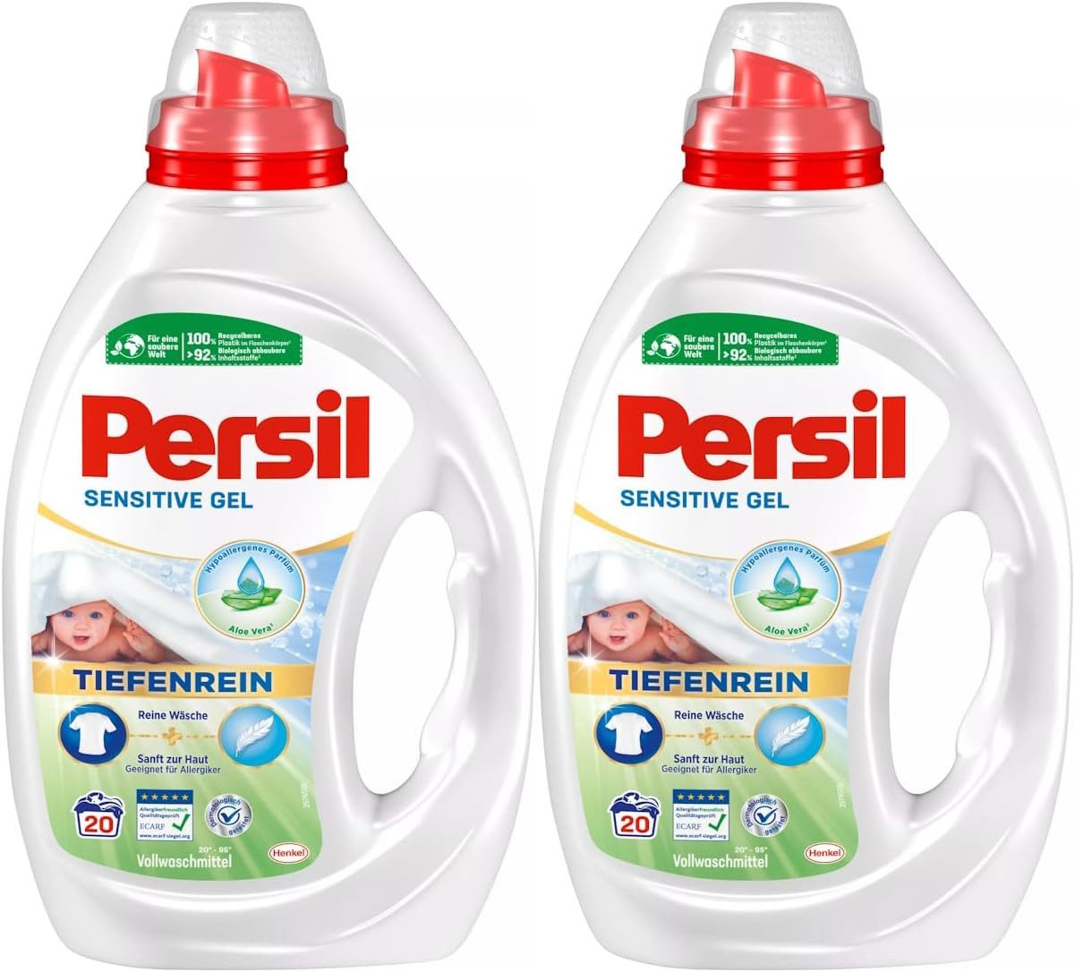 Persil Sensitive Gel (20 WL), Flüssigwaschmittel für Allergiker & Babys, Spezialwaschmittel (2-St. mit beruhigender Aloe vera für sensible Haut)