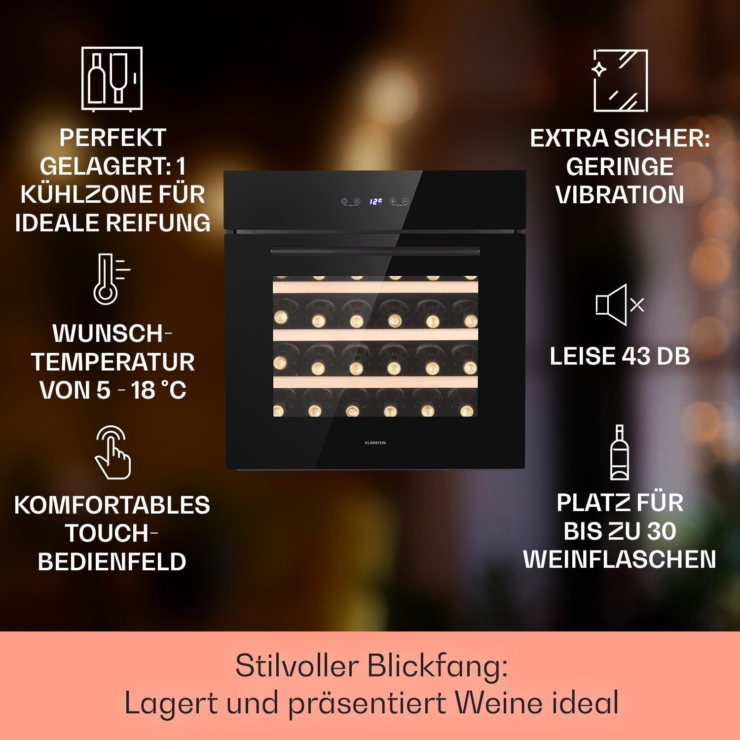 Klarstein Weinkühlschrank Vinsider 30 Built-In Uno, für 30 Standardflaschen á 0,75l,Wein Flaschenkühlschrank Weintemperierschrank Weinschrank Kühlschrank