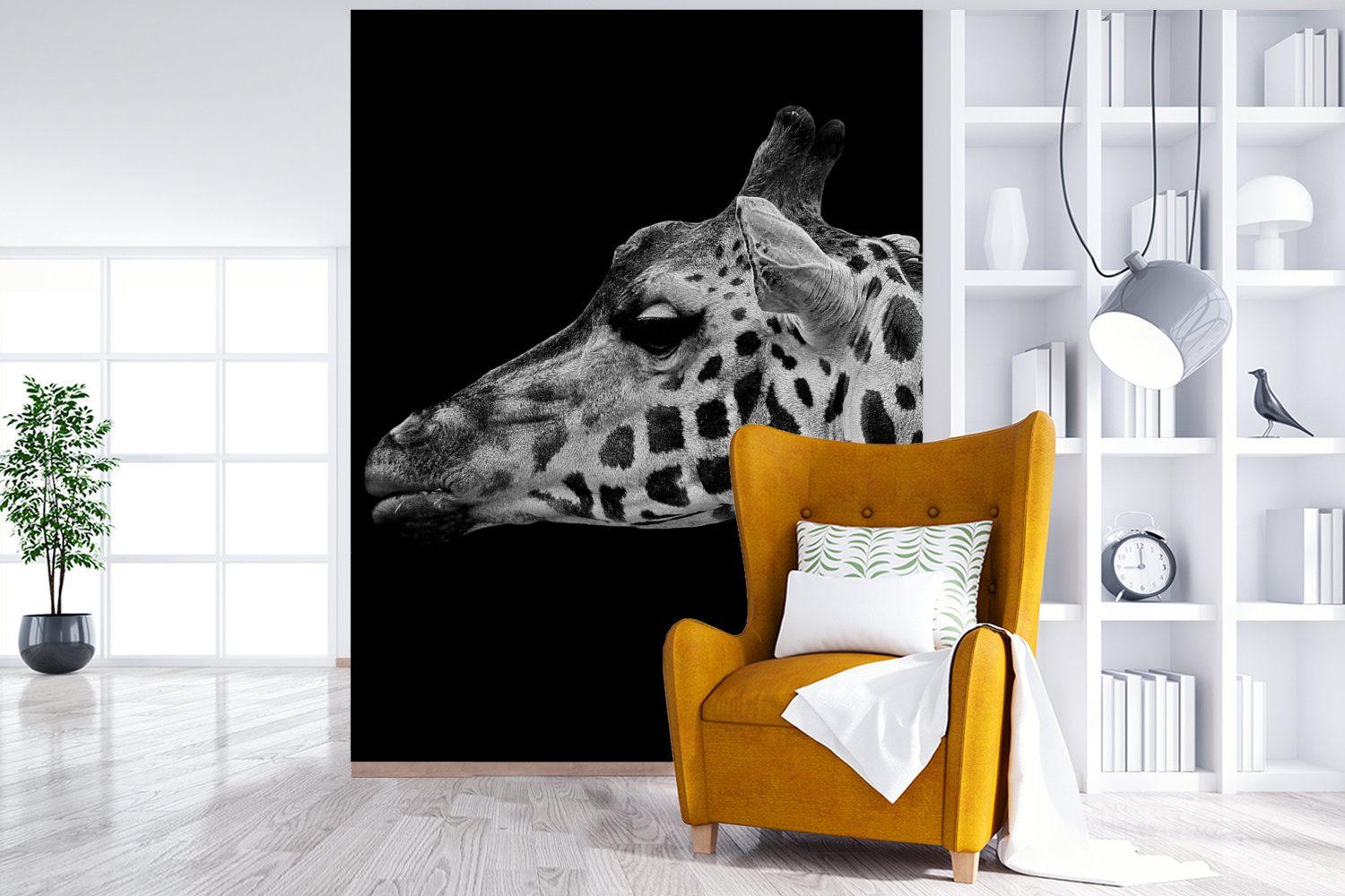 Weiß, Tiere Giraffe Wohnzimmer, Fototapete Wandtapete für MuchoWow Schwarz - (4 - Montagefertig - bedruckt, Tapete St), Matt, Vinyl