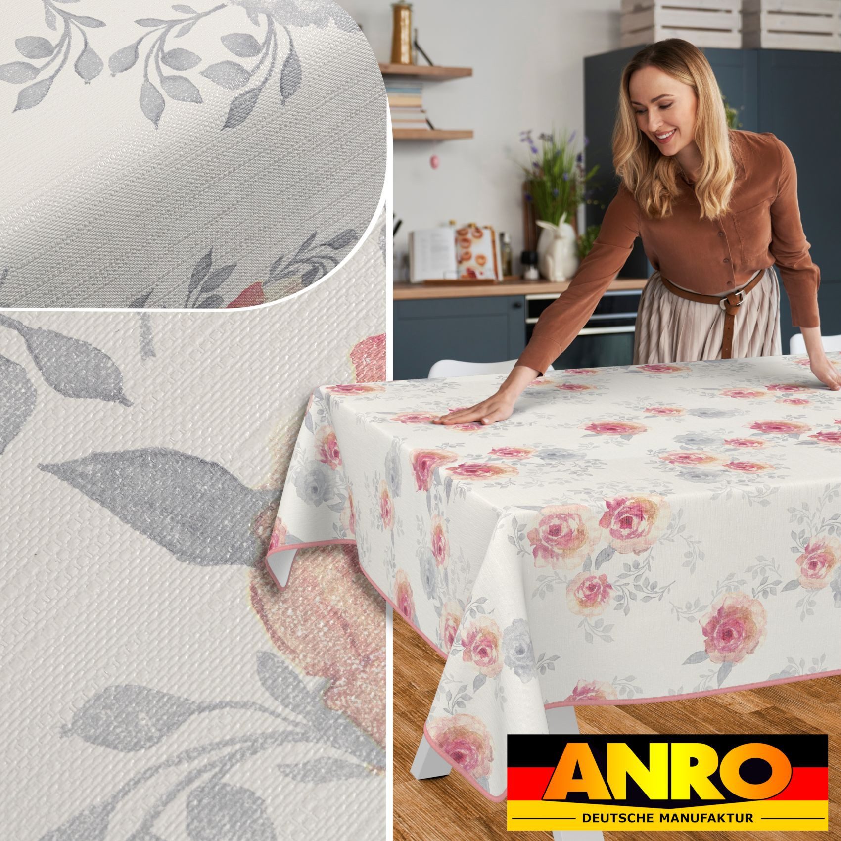 ANRO Tischdecke Wachstuch abwaschbar Rosen Tischwäsche (Einzelstück 1-tlg), wasserabweisend pflegeleicht Floral Beige Rosa 100x140cm – Bild 5 von 5