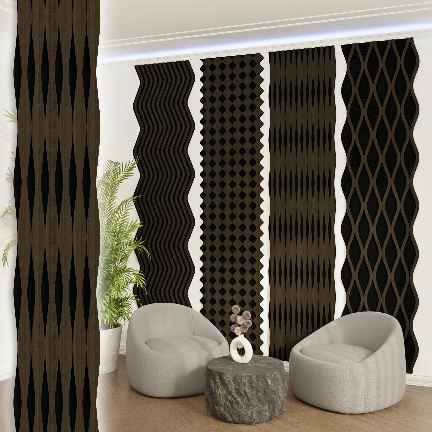 AKUSTIKO Wanddekoobjekt (Akustikpaneele Shaped 6 Stück 280x31,5cm Holz MDF - XXL Wandpaneele Platten Lamellen Holzpaneele Echtholzfurnier 21mm Filz Schalldämmung MDF Schwarz (5,29m² Echo)