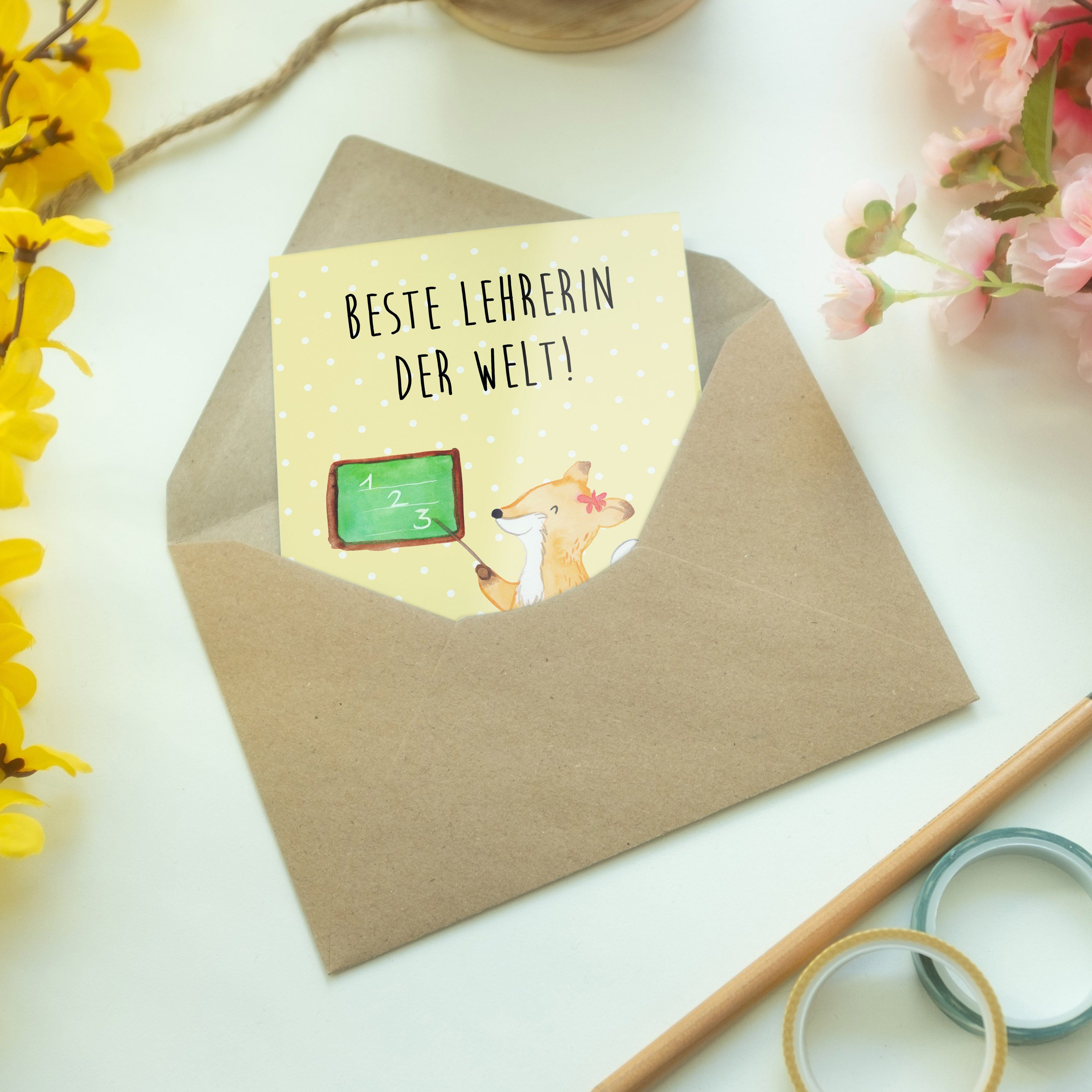 Lehrerin Grußkarte Tiermotive Pastell - Gelb Geschenk, Mr. - Fuchs Einladungskarte, Panda & Mrs.