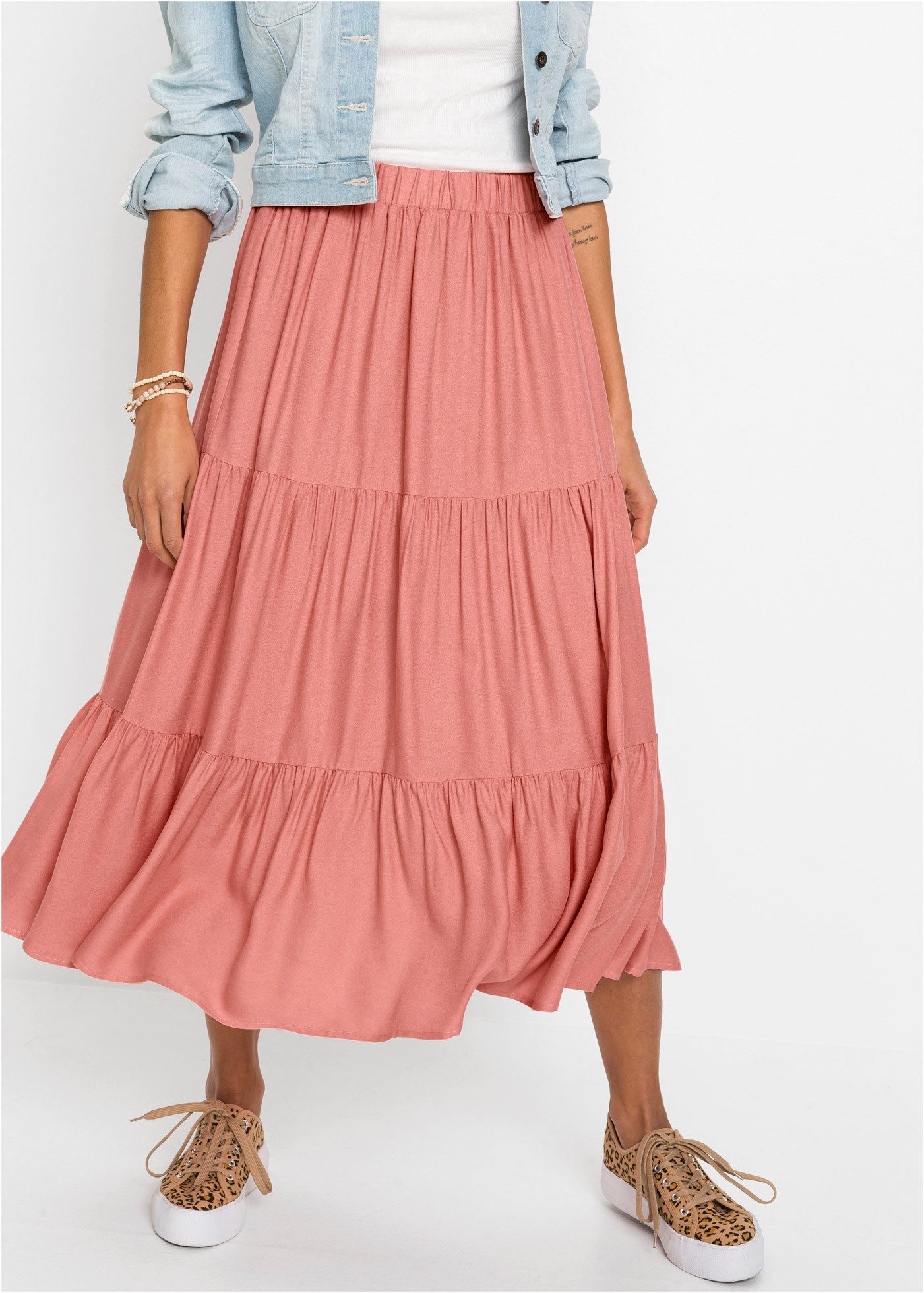 bonprix Volantrock aus Viskose, A-Linie, mit Volants, Midi-Länge