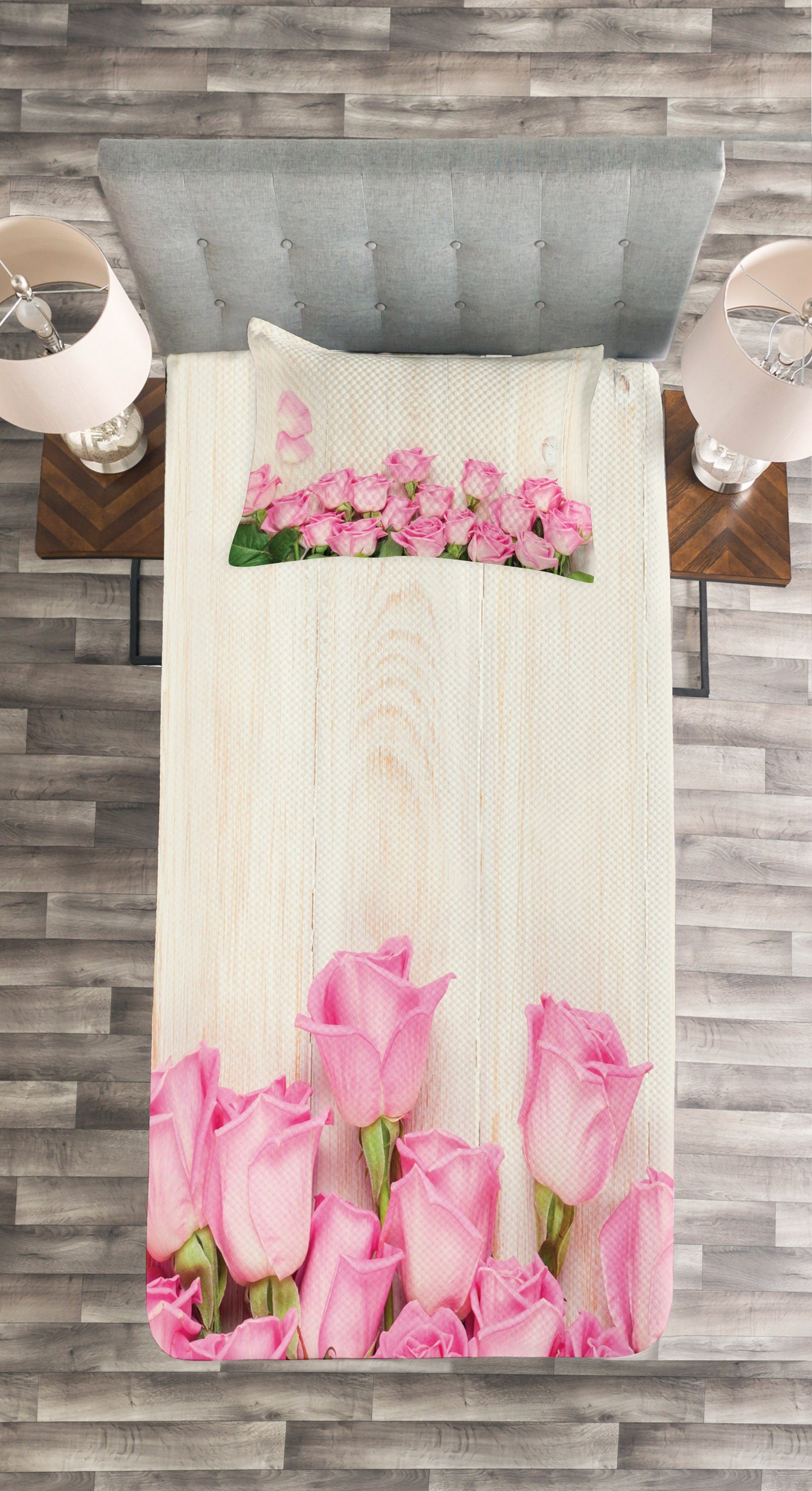 rustikales Abakuhaus, Set Holz Blooming Tagesdecke Kissenbezügen Rose Bouquet mit Waschbar,