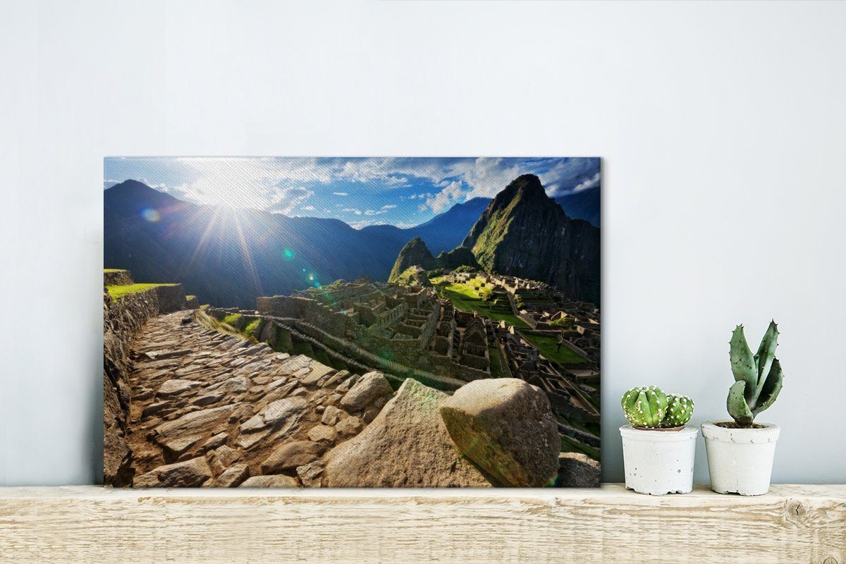 30x20 Wanddeko, Wandbild Leinwandbild über Leinwandbilder, St), Abendsonne (1 Picchu Aufhängefertig, cm Machu OneMillionCanvasses® Peru,