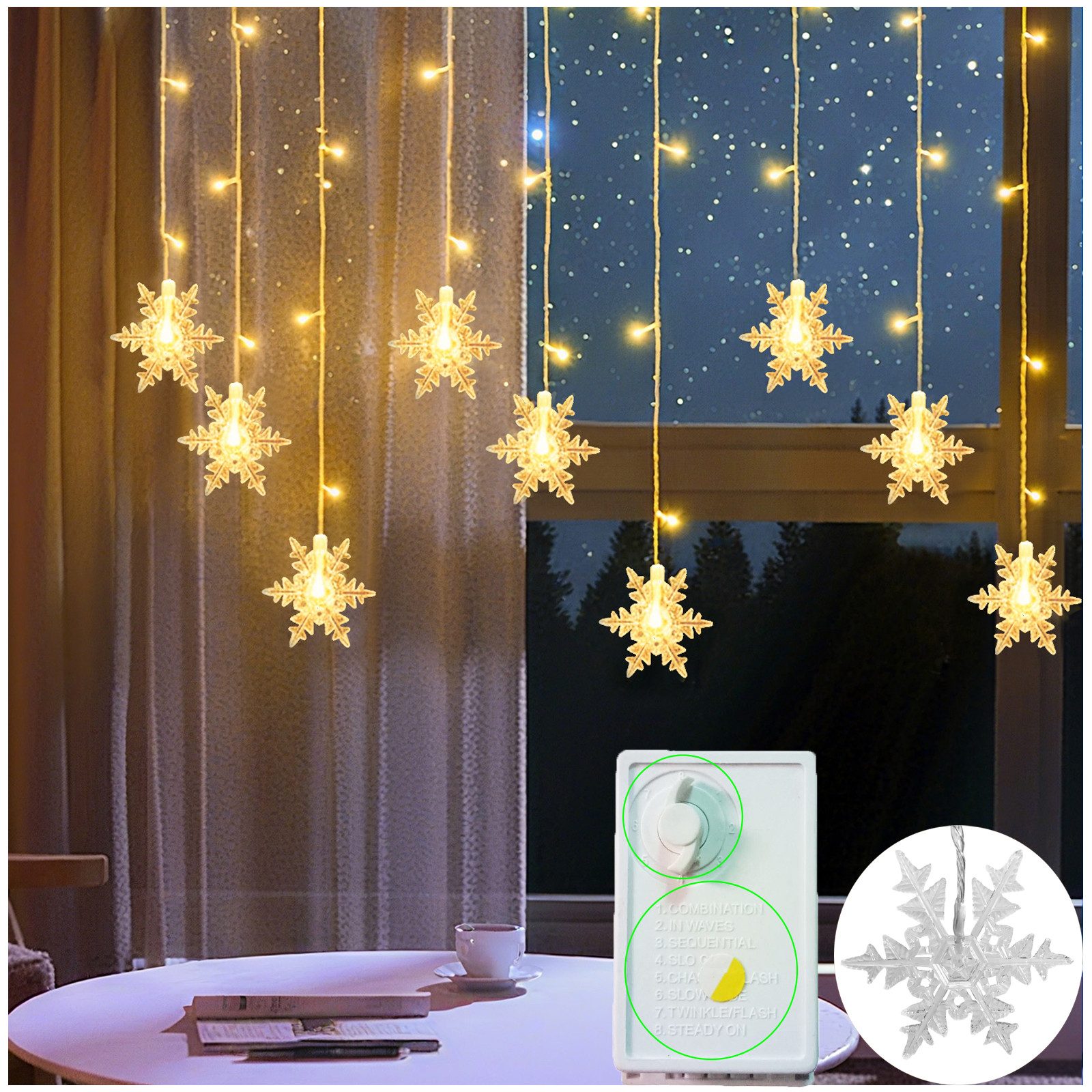 Jibenhome LED-Lichtervorhang LED Lichterkette Schneeflocken 3.5M, 96LEDs We günstig online kaufen