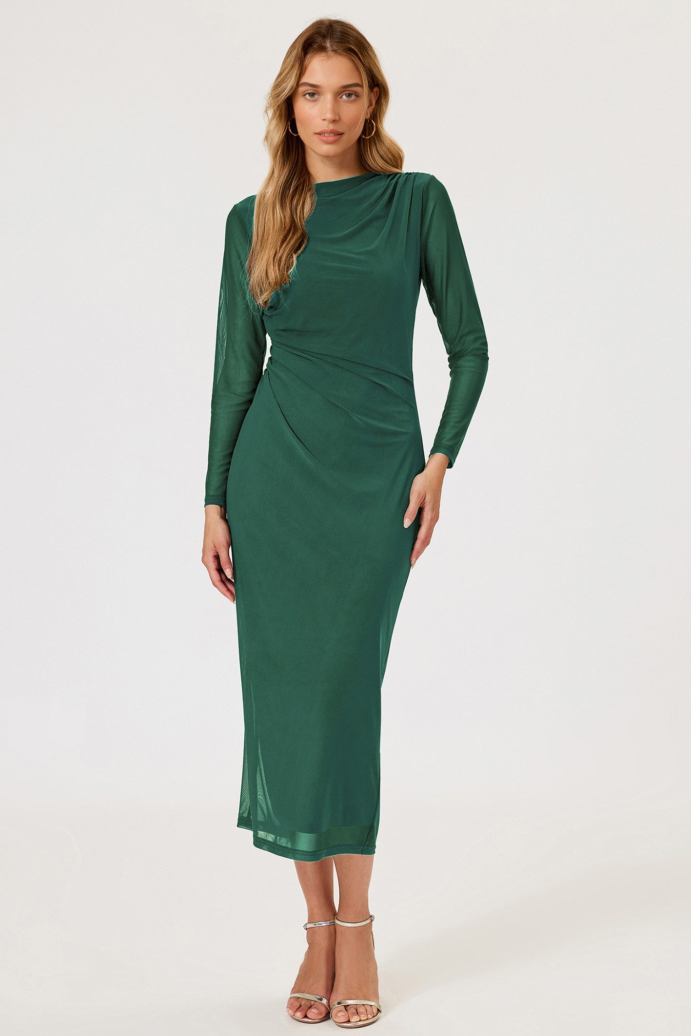 FS Collection Abendkleid Damen Abendkleid Maxikleid Partykleid Langarm Elegant Figurbetont (XS (EU:36 / UK:8) · S (EU:38 / UK:10) · M (EU:40 / UK:12) · L (EU:42 / UK:14) · XL (EU:44 / UK:16), 4 Farben: Teal, Rot, Grün und Aqua) Drapierter Ausschnitt, Taillenraffung, Mesh, figurbetonter Schnitt