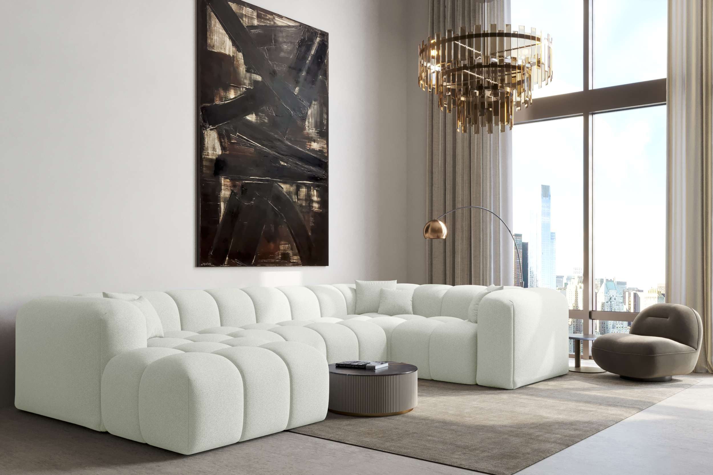 99rooms Wohnlandschaft Livorno U, Sofa, U-Form, Rundumbezug aus gepolstertem Strukturstoff NEVE