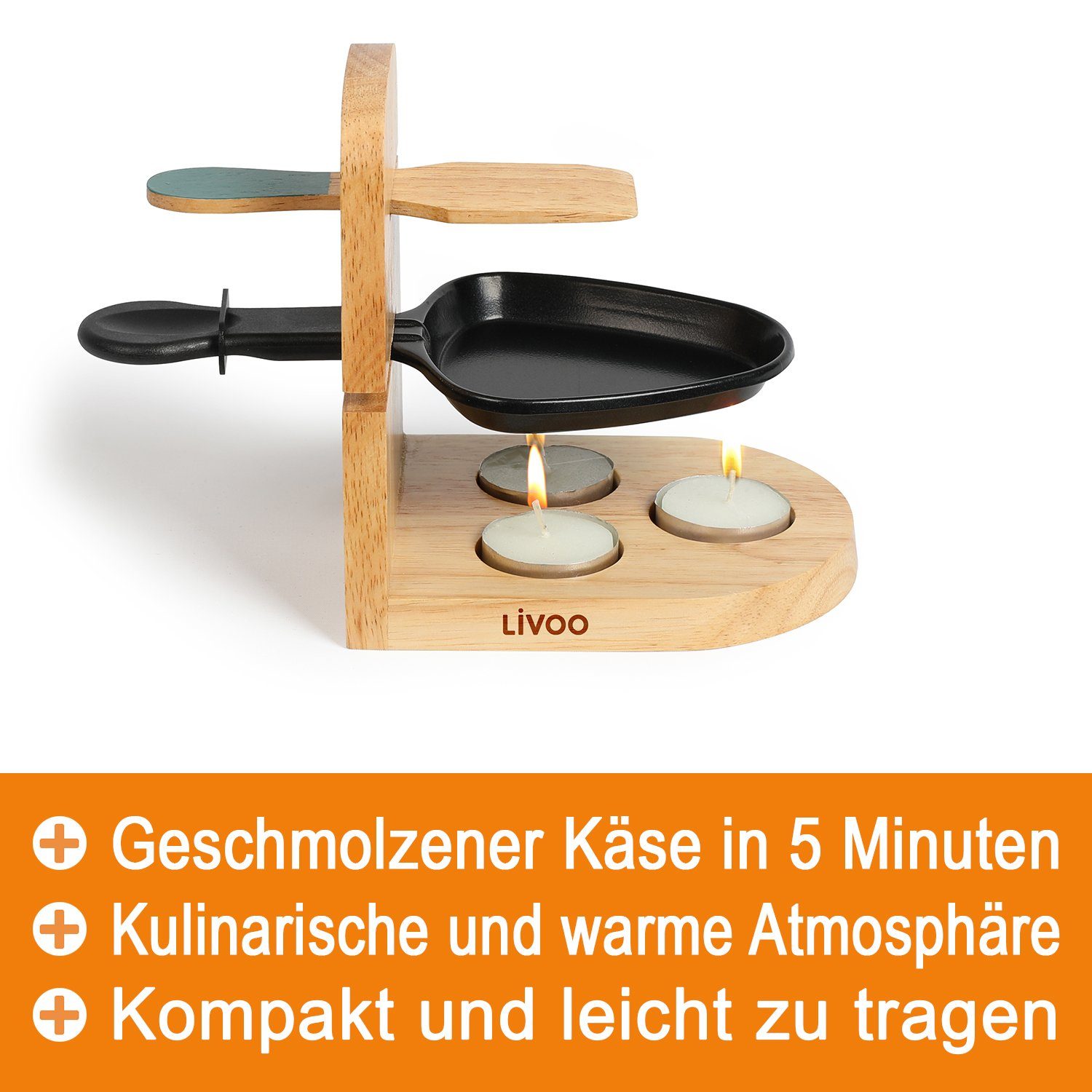 LIVOO Raclette LIVOO Raclette Set 1 Person Teelicht Camping Kerzen Holzspatel MEN397, 1 Raclettepfännchen, Teelichter, Racletteschieber, Raclettepfanne, Ständer aus Gummiholz