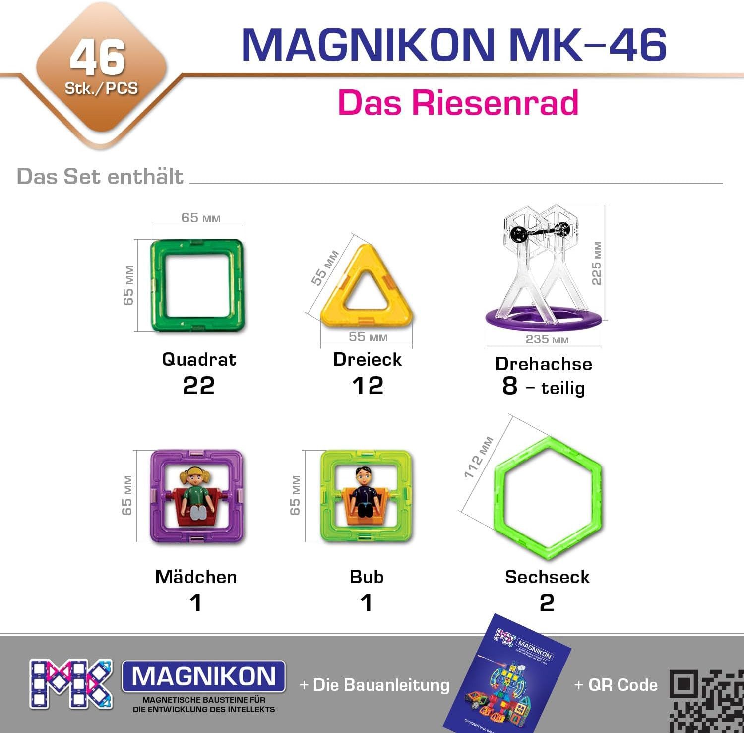 MAGNIKON Magnetspiel Bauklötze MK-46 “Das Riesenrad”, 46-Teilig Magnetspielbausteine, (magnetische Bausteine, 46 St., verstärkte Magnete), stabile Baumodelle
