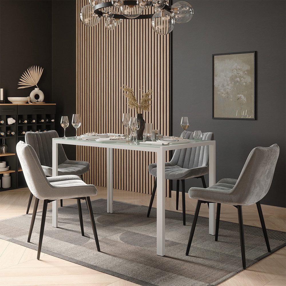 Vicco Essgruppe Grand, Weiß, 120 x 70 cm mit 4 Stühlen (Grau), (5-tlg)