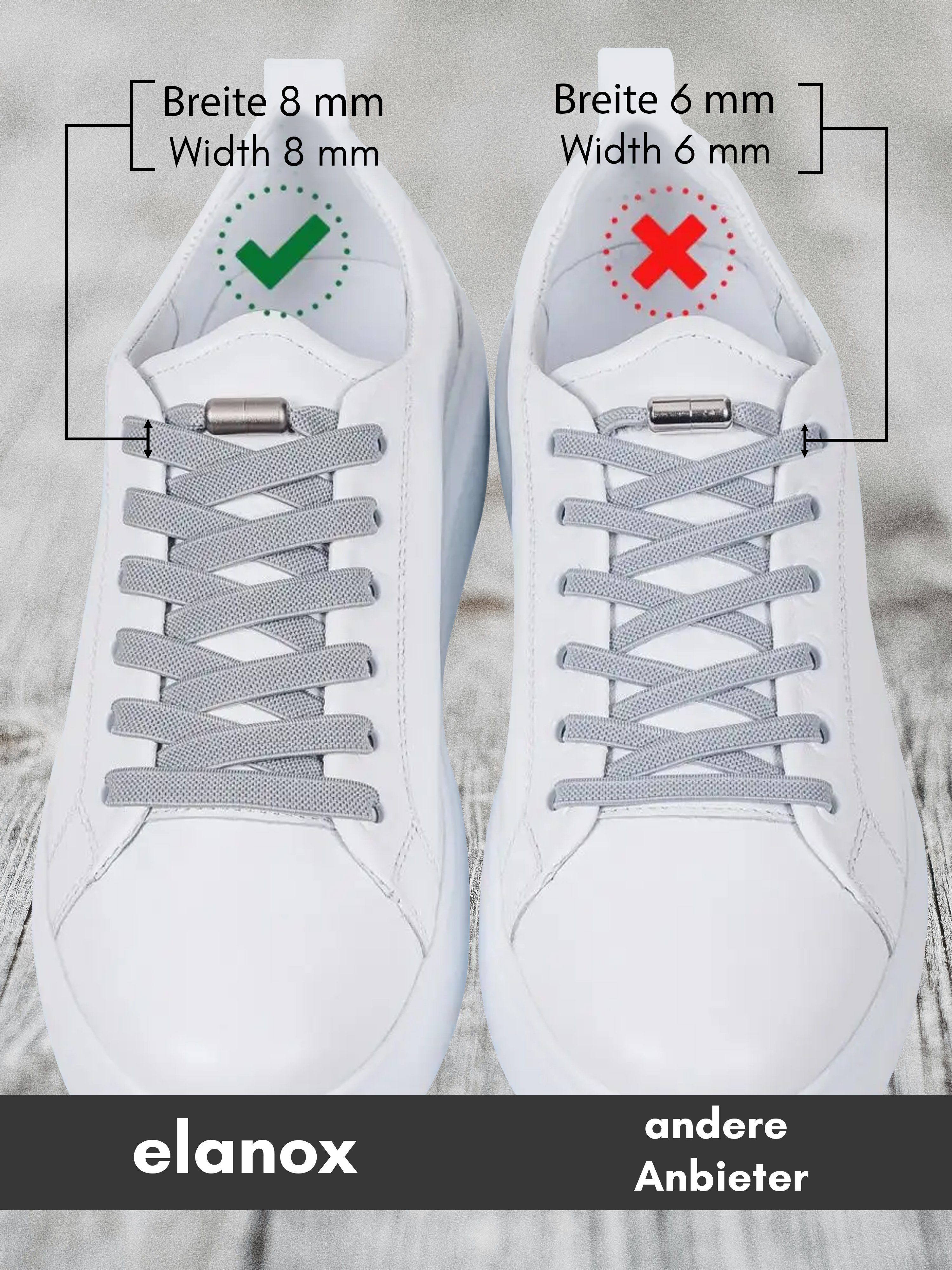 ELANOX Schnürsenkel 4 Stück 8 mm BREIT elastische Schnürsenkel mit Mettalkapseln