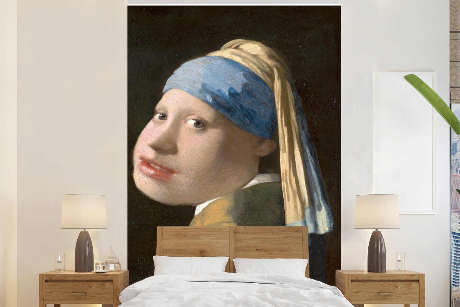 MuchoWow Fototapete Das Mädchen mit dem Perlenohrring - Johannes Vermeer - Karikatur, Matt, bedruckt, (3 St), Montagefertig Vinyl Tapete für Wohnzimmer, Wandtapete