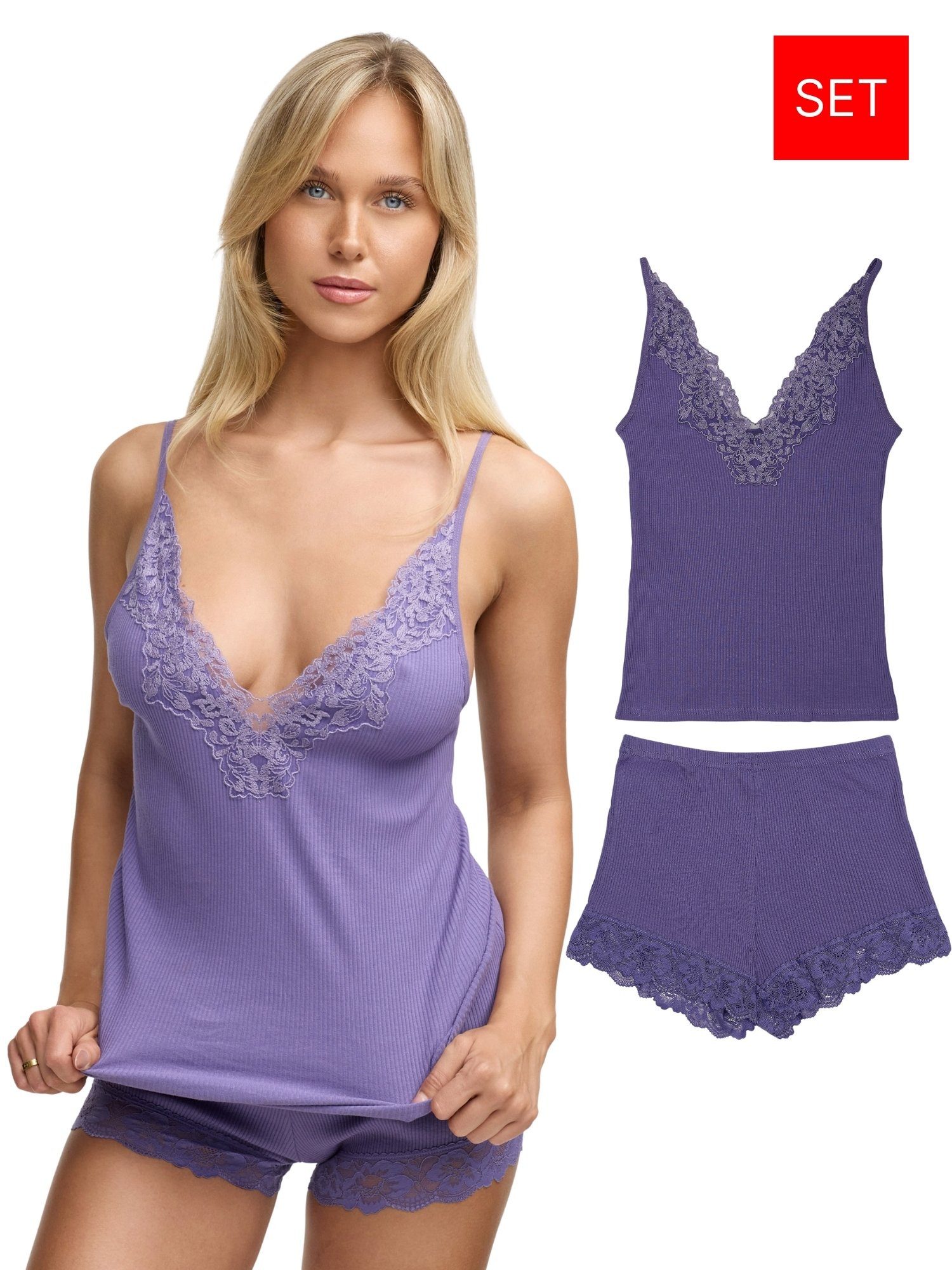 Tazzio Shorty Nachtwäsche-Set F909 (Set, 2 tlg., 1 Stück - Unterhemd & Panty) Ripp-Optik mit Spitzen-Details