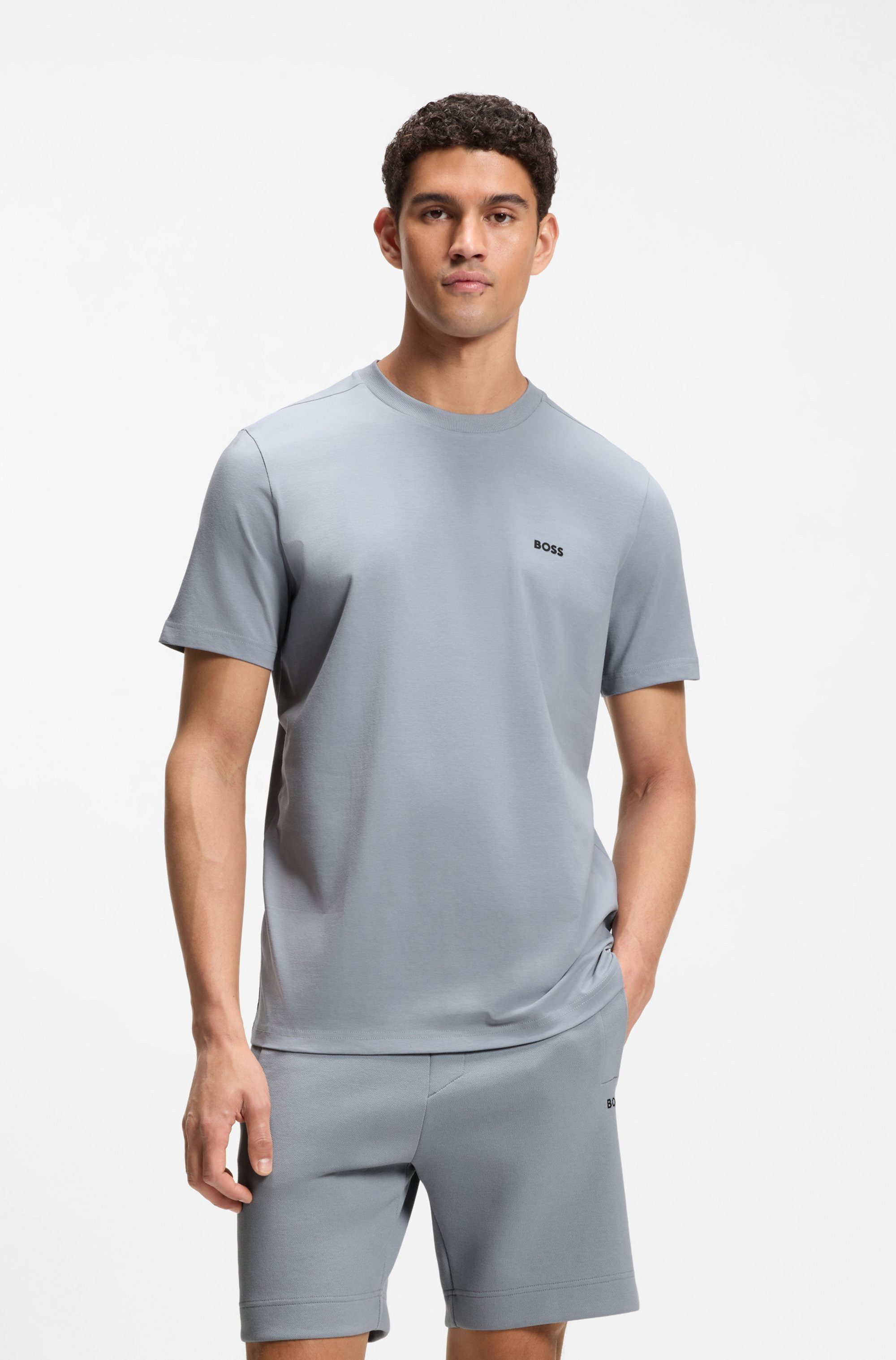 BOSS GREEN Rundhalsshirt Tee Regular Fit Stretch Jersey Cotton, Logo on Chest, Rundhals