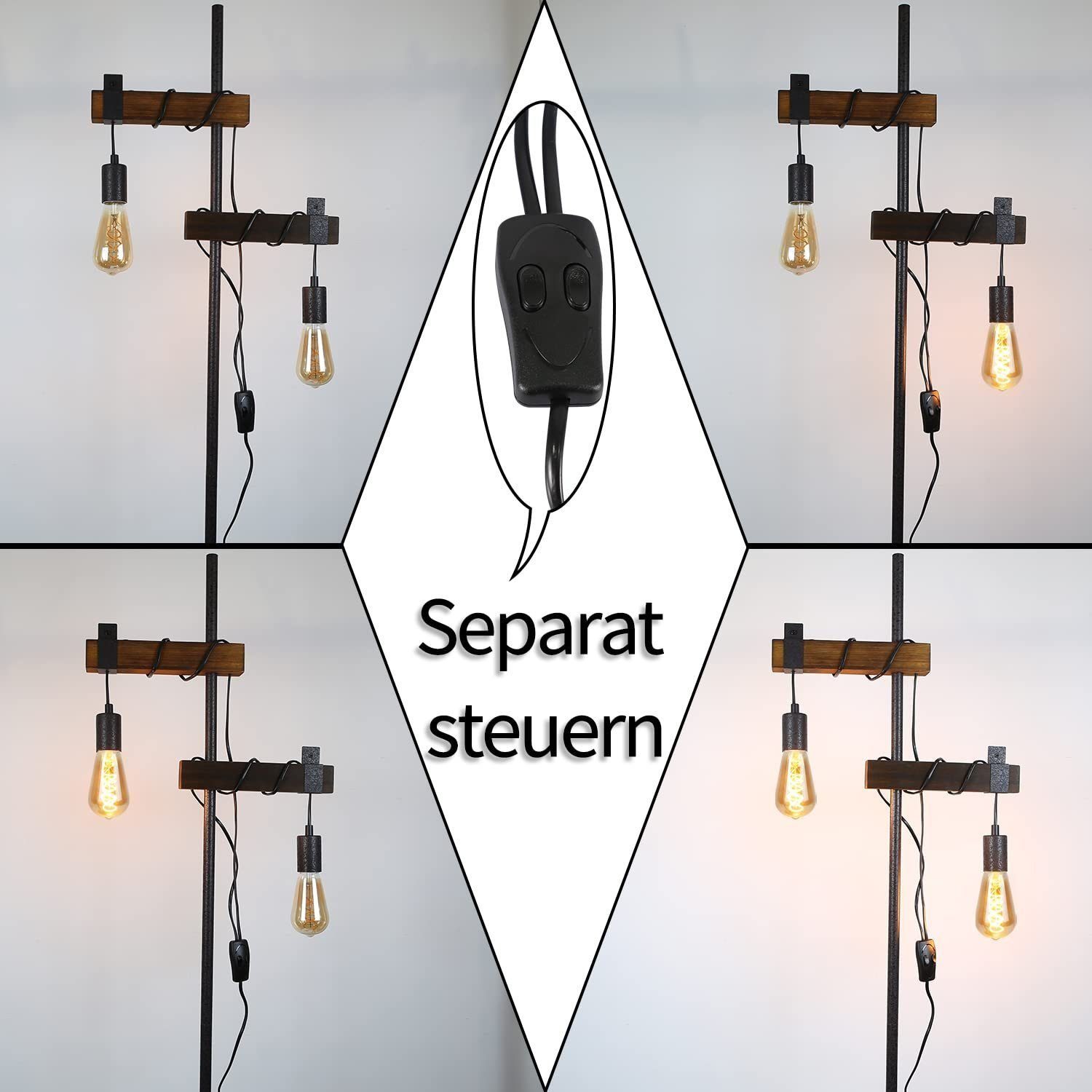 LED Stehlampe aus Holz 2 E27 150cm, wechselbar flammige Schwarz Industrial Nettlife Retro