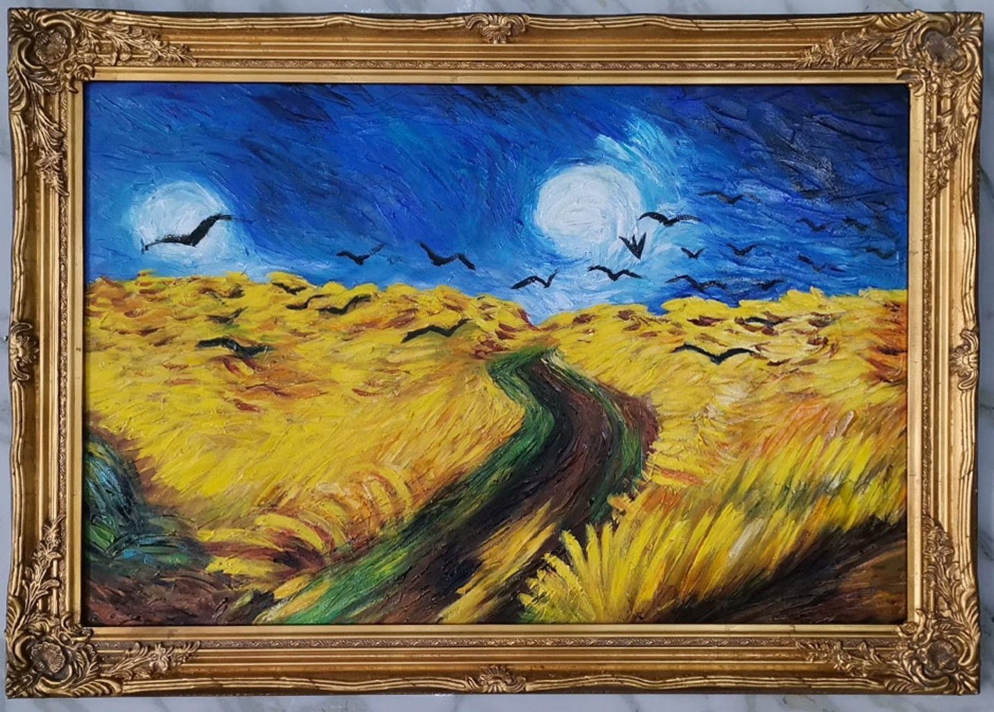 JVmoebel Bild Ölbild sonnenblumen Feld fliegende Vögel blauer Himmel SOFORT, (1 St), Made in Europa | Kunstdrucke