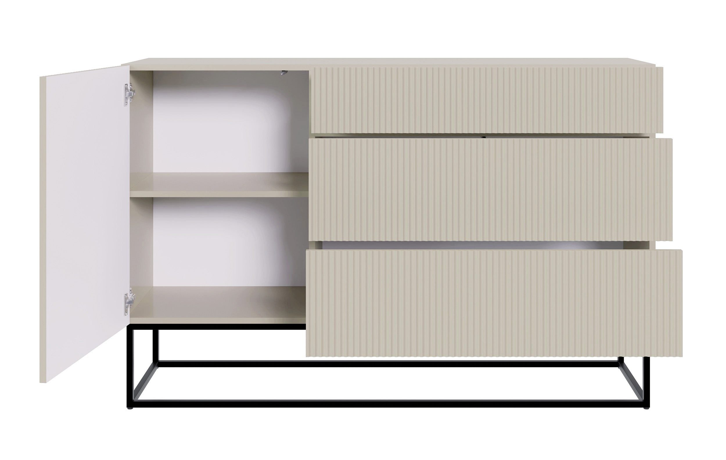 Selsey Sideboard VELDIO, 1-türig mit 3 Schubladen, greige mit schwarzem Gestell, 140 cm