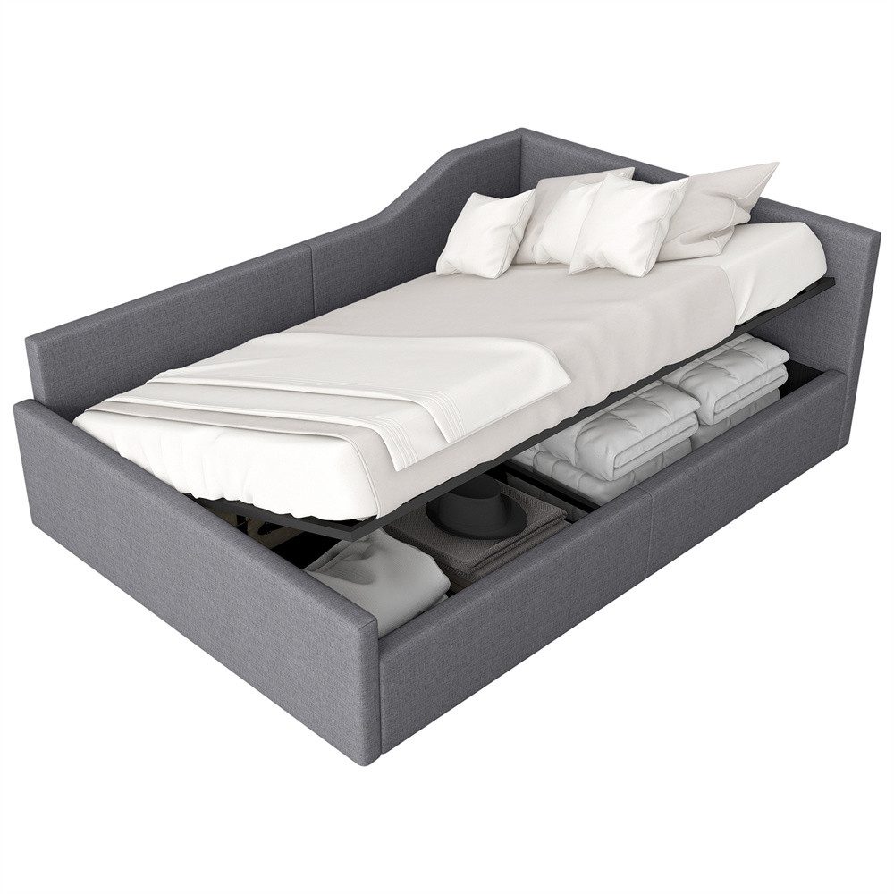 MODFU Daybett Stauraumbett,Gästebett,Schlafsofa (Gepolstertes 140x200 Tagesbett mit Stauraum – Modernes Design aus Leinen mit Rückenlehne & Armlehnen)