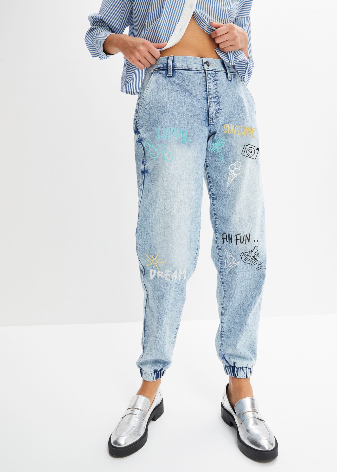 bonprix Loose-fit-Jeans mit sommerlichem Print, Barrel-Style, in verschiedenen Größen