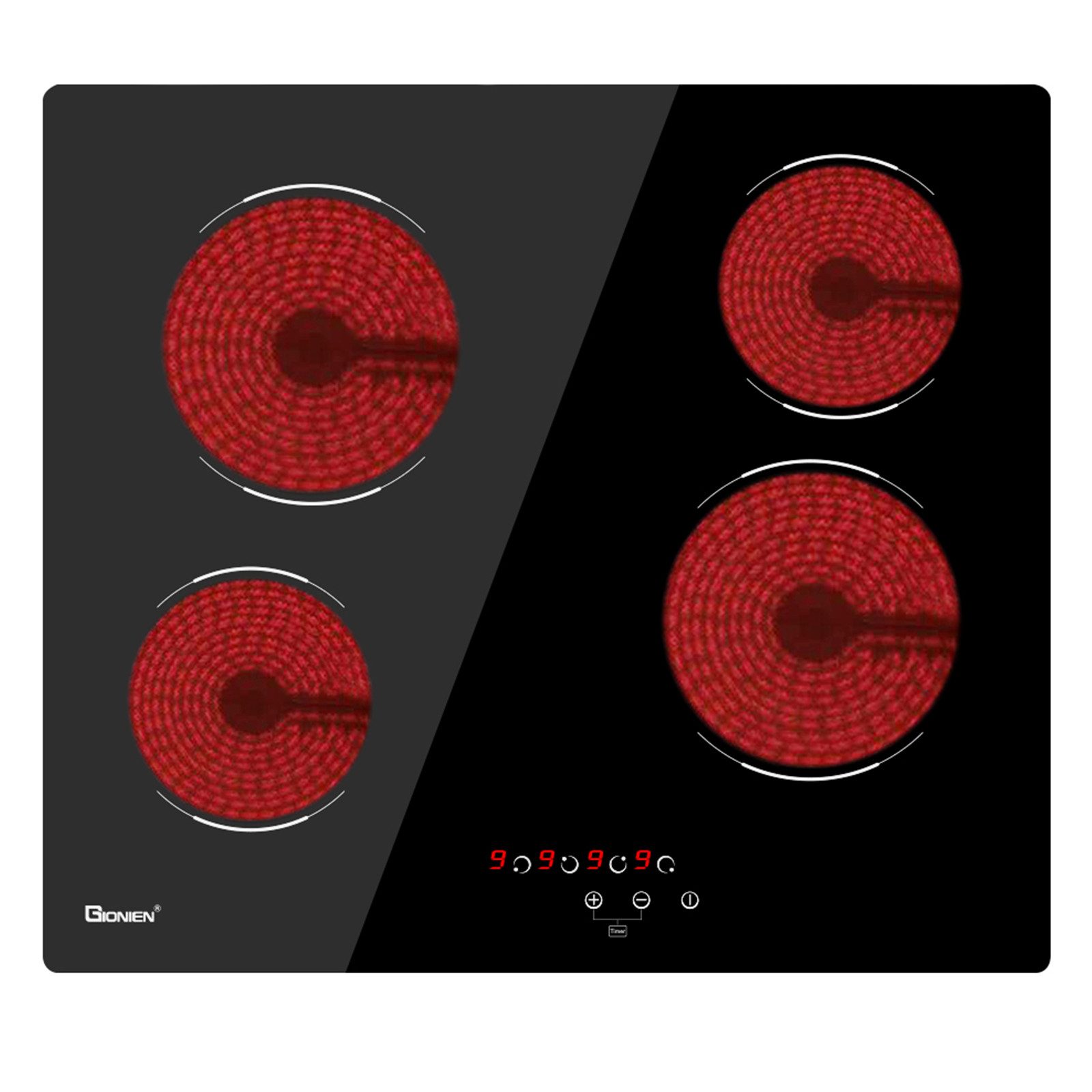 OKWISH Elektro-Kochfeld GCE460TCDE 4 Zonen Eingebaut Glaskeramikkochfeld Kochfeld Elektrokochfeld, 9 Heizstufen 6000W ohne Stecker Kindersicherung Touch-Control 59x52cm