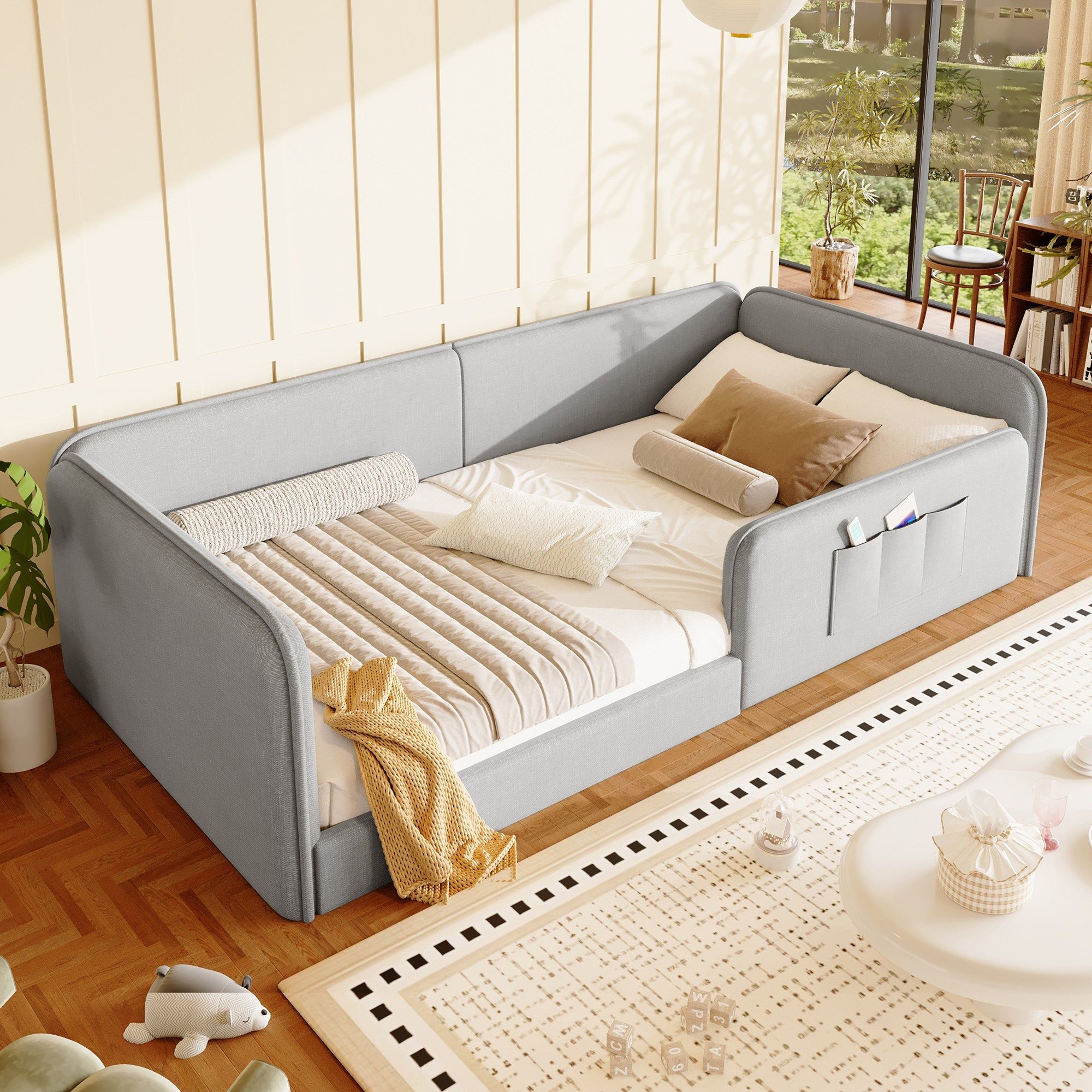 BlingBin Polsterbett 90 x 200 cm Einzelbett (1er Set, 1-tlg., 90 x 200 cm), Jugendbett mit niedriger Bauform und seitlichen Aufbewahrungstaschen